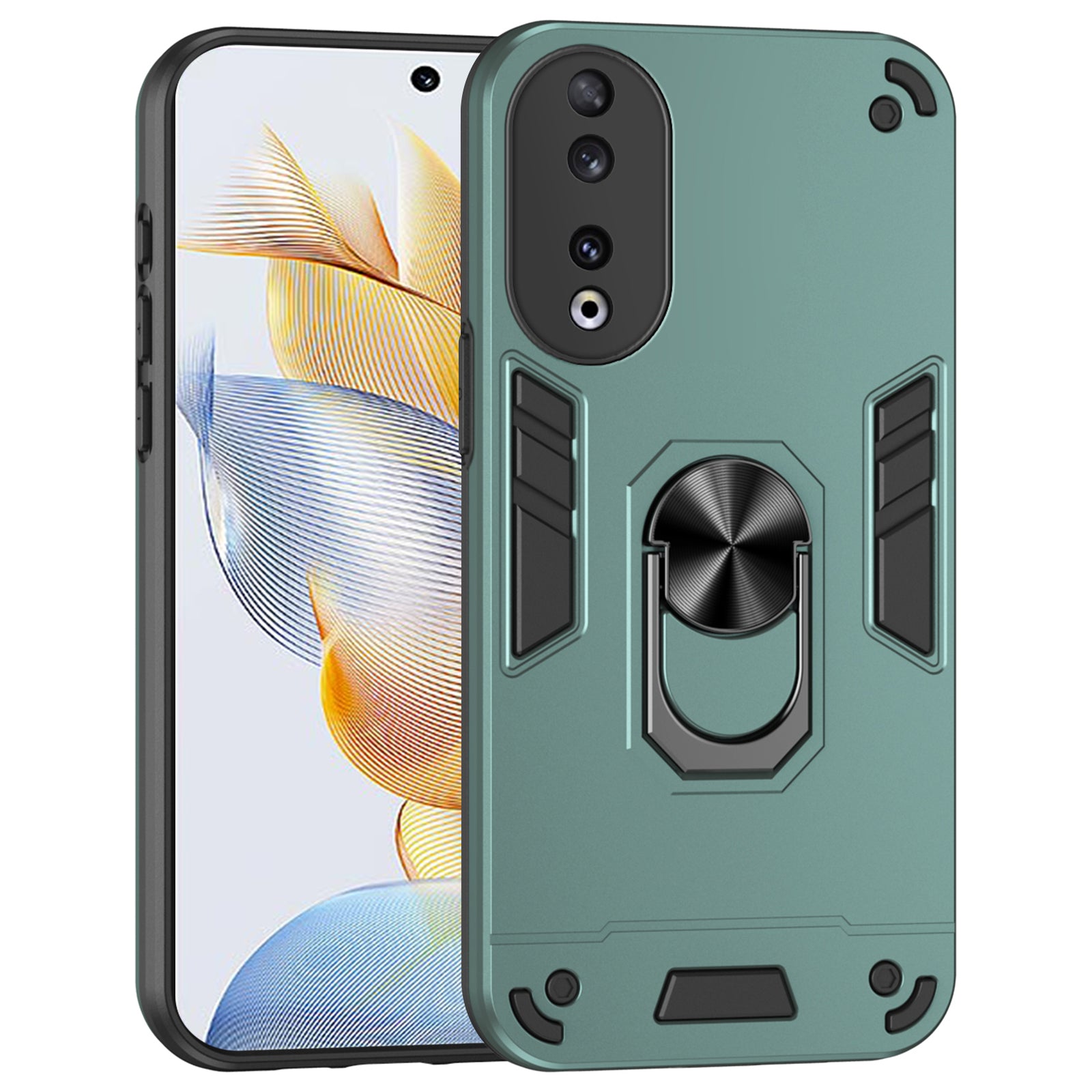 PC+TPU Case for Honor 90 Shell Rotating Ring Kickstand Drop-resistant Back Cover - Black