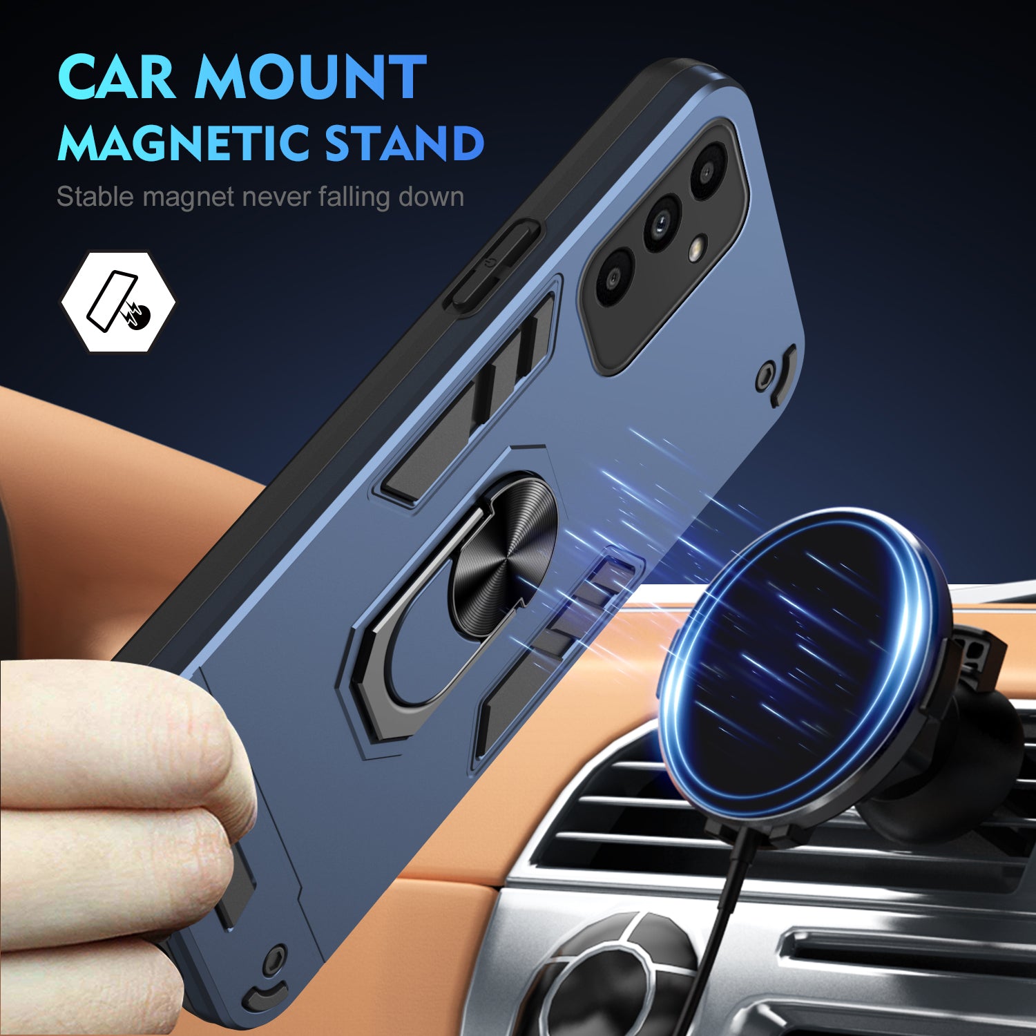 For Samsung Galaxy A15 5G Kickstand Case Slim-Fit PC+TPU Mobile Phone Cover Fits Magnetic Car Mount - Blue
