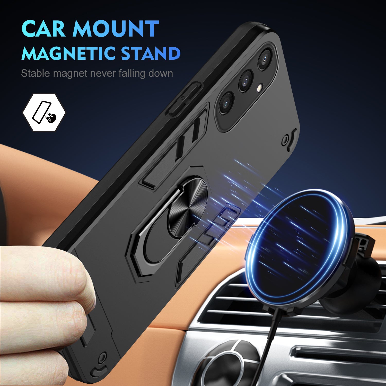 For Samsung Galaxy S24 Kickstand Case Anti-dust PC+TPU Smart Phone Cover Fits Magnetic Car Mount - Black