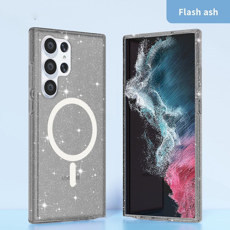 For Samsung Galaxy S24 Ultra Magnetic Case Glitter Hard PC+Soft TPU Phone Back Cover - Black