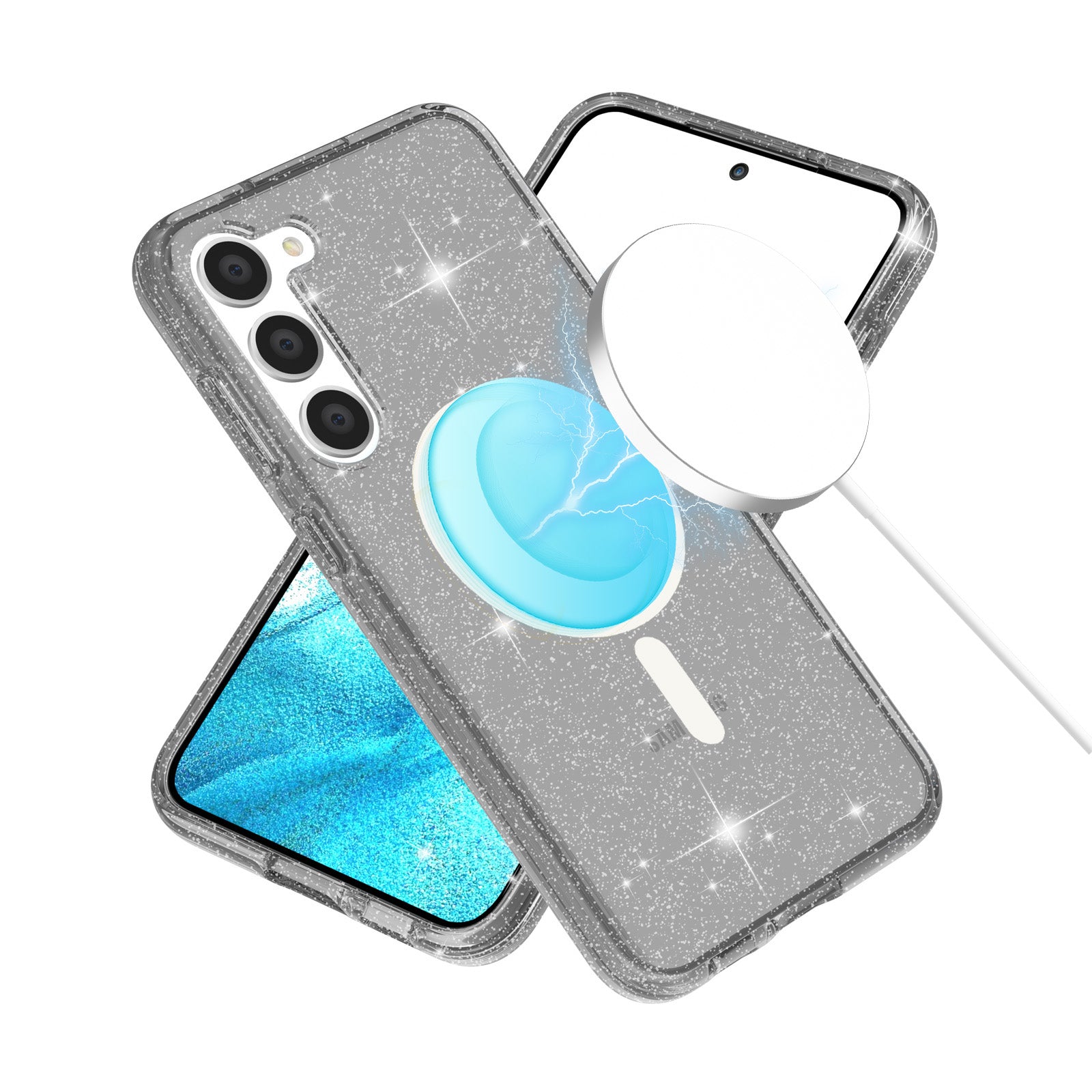 For Samsung Galaxy S24 Case Magnetic Glitter PC+TPU Phone Cover Compatible with MagSafe - Black