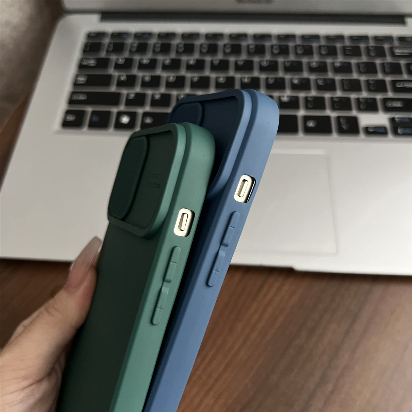 TMT Series for iPhone 15 Phone Cover Soft Lining TPU Case with Slide Lens Window - Baby Blue