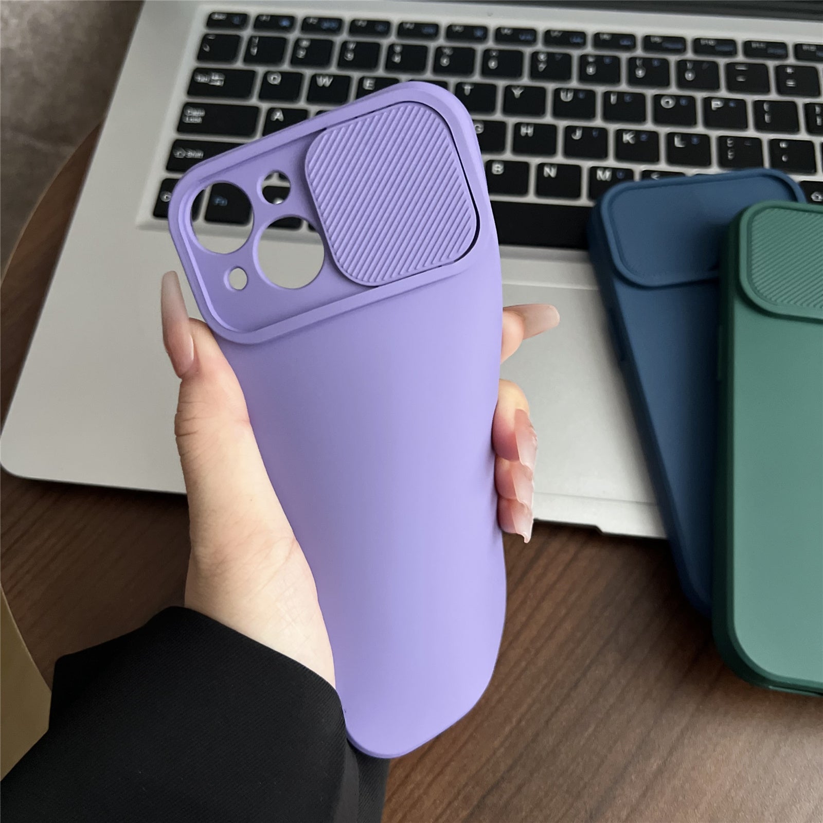 TMT Series for iPhone 15 Phone Cover Soft Lining TPU Case with Slide Lens Window - Baby Blue