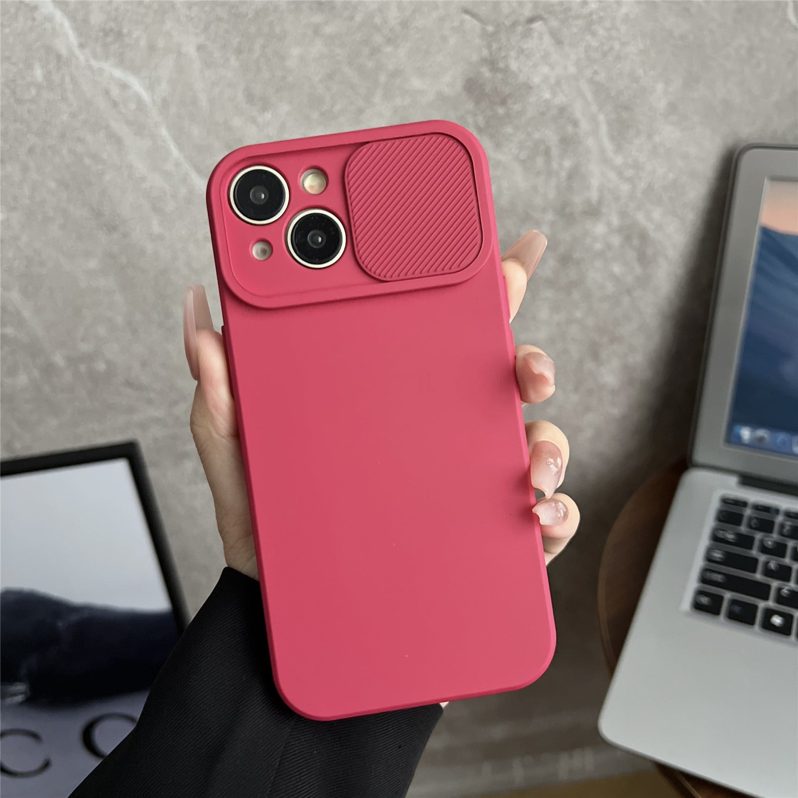 TMT Series for iPhone 15 Phone Cover Soft Lining TPU Case with Slide Lens Window - Baby Blue