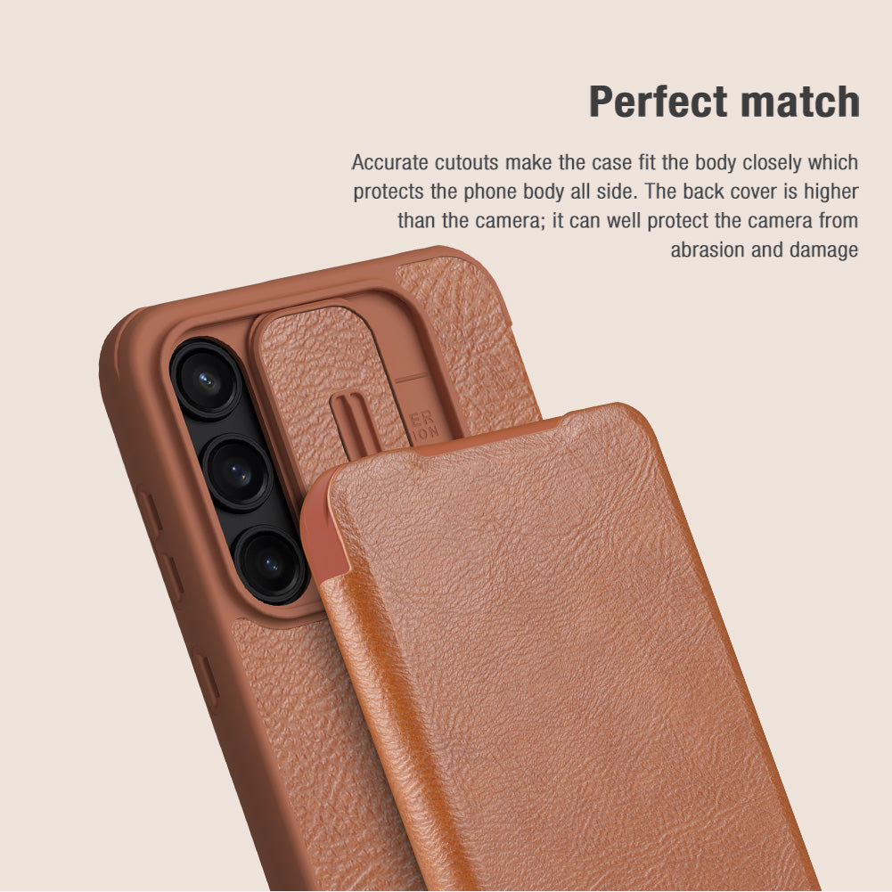 NILLKIN Qin Pro Series for Samsung Galaxy A35 5G Phone Case PU Leather Flip Cover with Card Holder - Brown