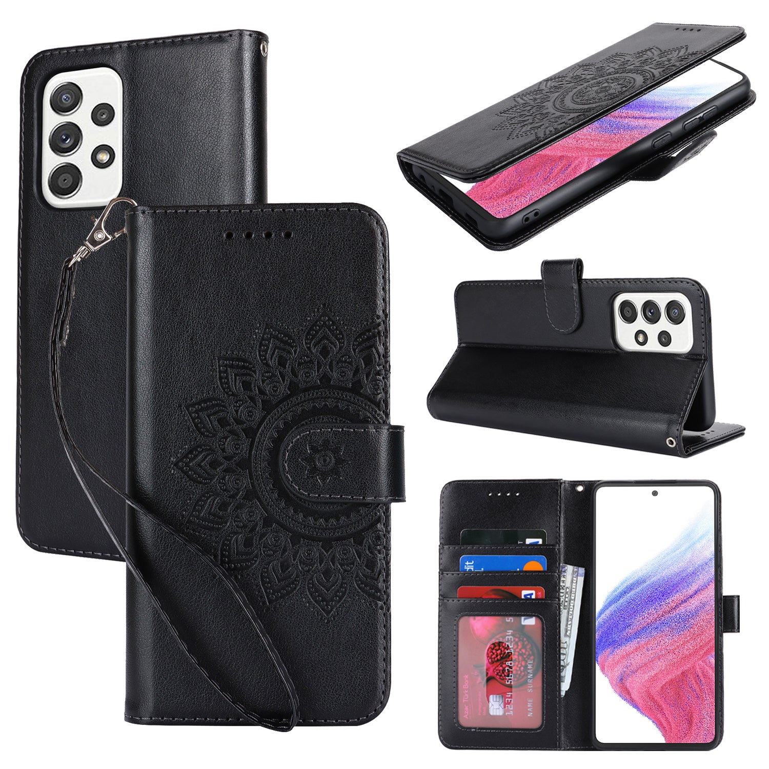 For Samsung Galaxy A53 5G Magnetic Phone Case R61 Texture Leather Wallet Stand Cover - Black