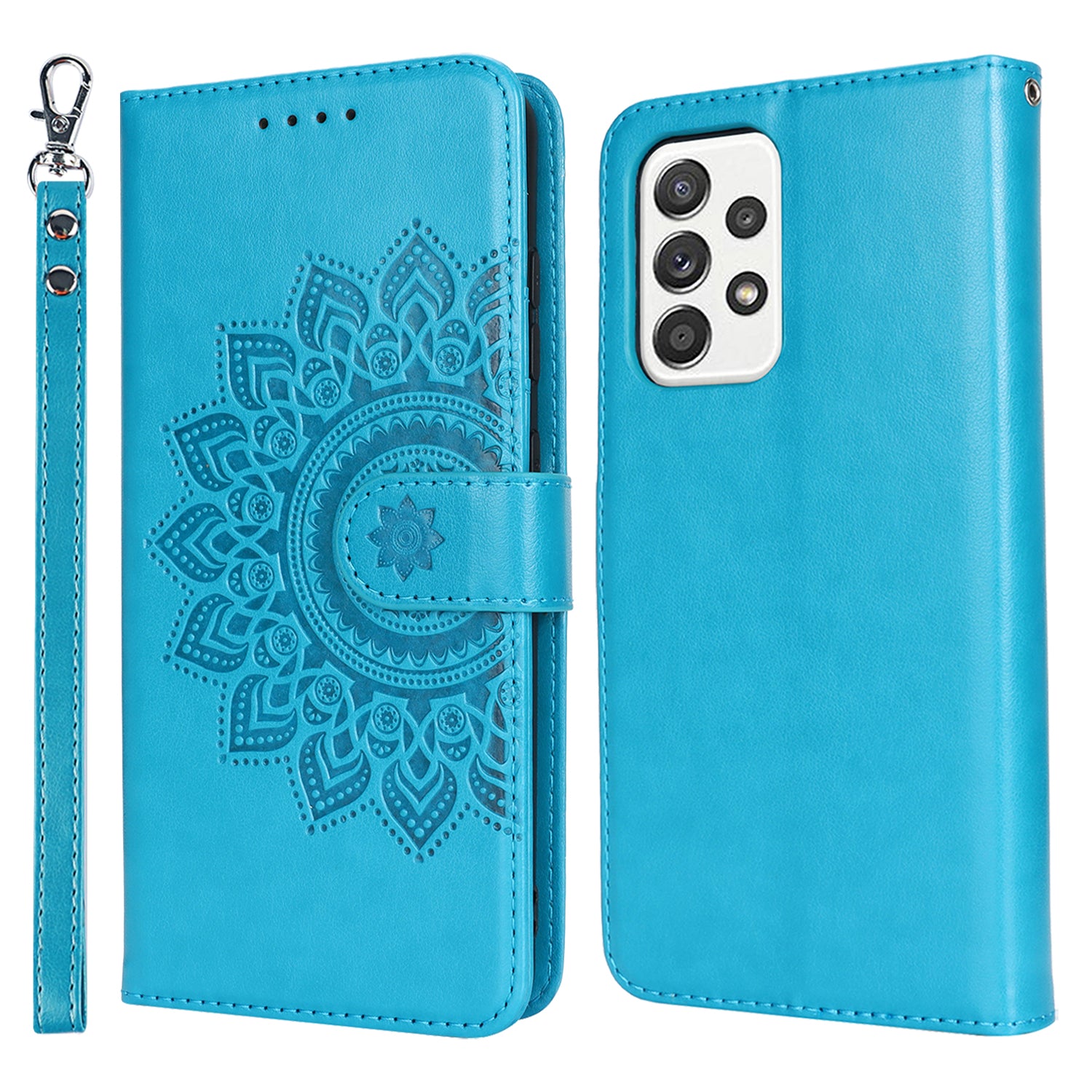 For Samsung Galaxy A52 5G Case PU Leather R61 Texture Wallet Card Slots Phone Cover - Blue