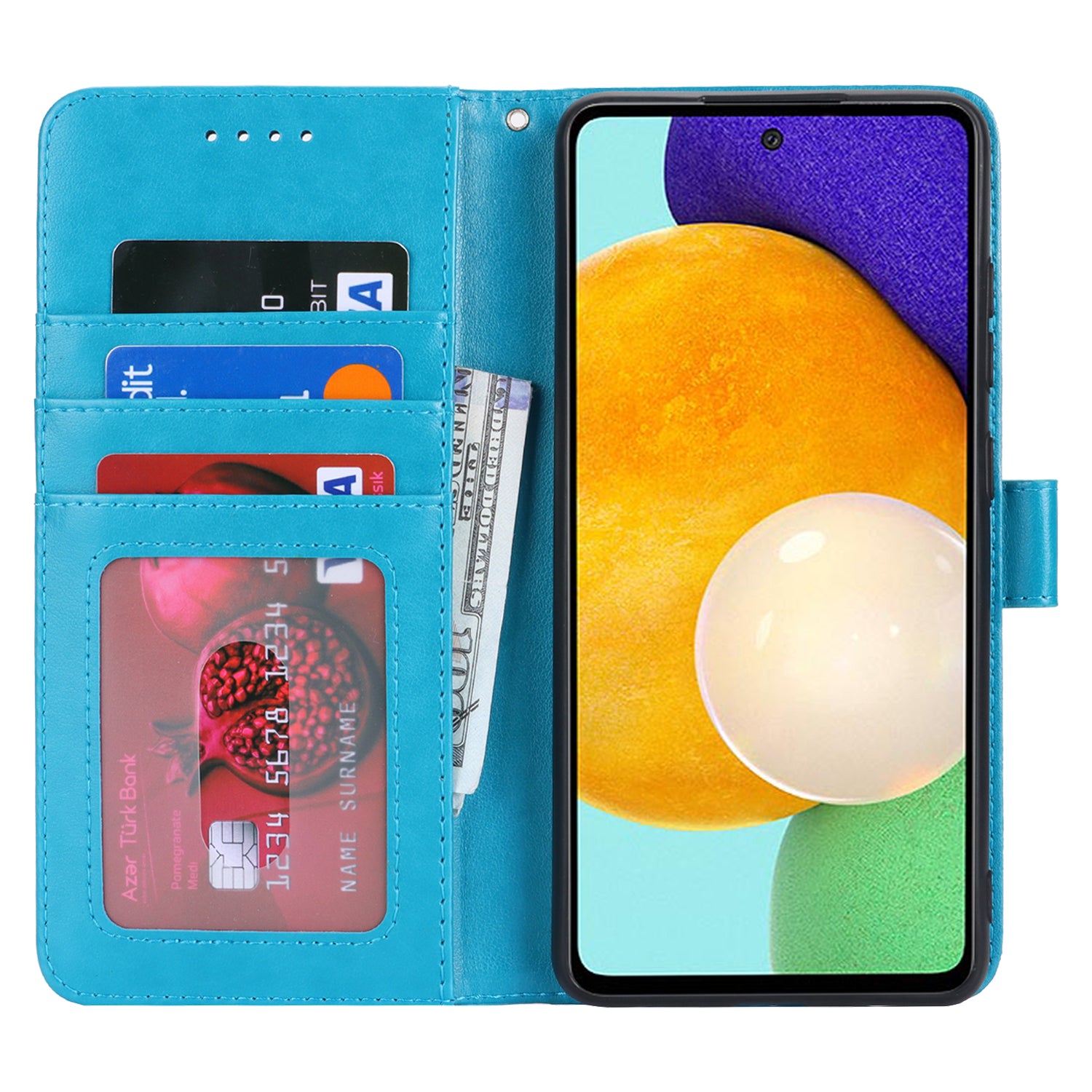 For Samsung Galaxy A52 5G Case PU Leather R61 Texture Wallet Card Slots Phone Cover - Blue