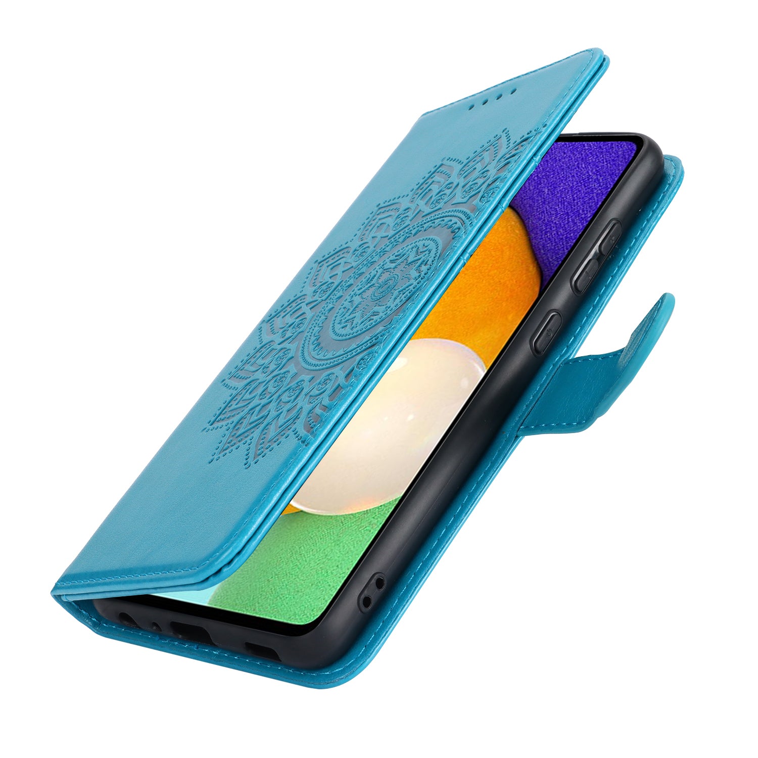 For Samsung Galaxy A52 5G Case PU Leather R61 Texture Wallet Card Slots Phone Cover - Blue