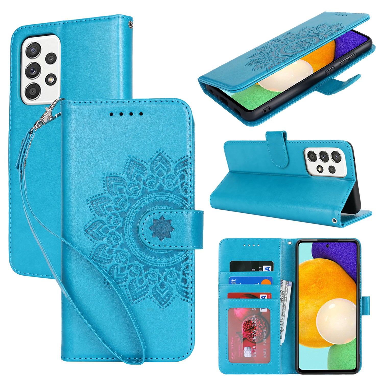 For Samsung Galaxy A52 5G Case PU Leather R61 Texture Wallet Card Slots Phone Cover - Blue