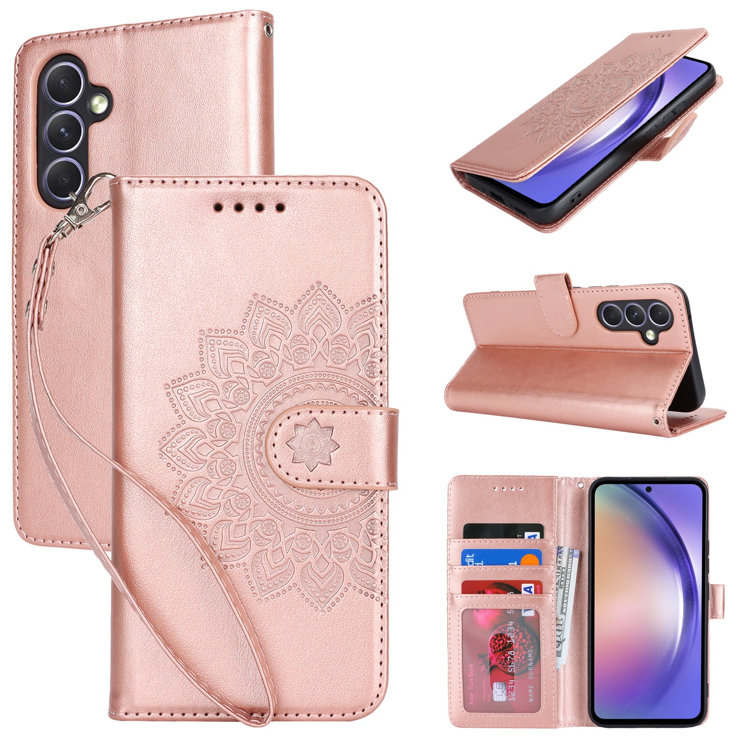 For Samsung Galaxy A54 5G Cell Phone Case Imprint R61 Texture Anti-drop PU Leather Wallet Cover - Rose Gold