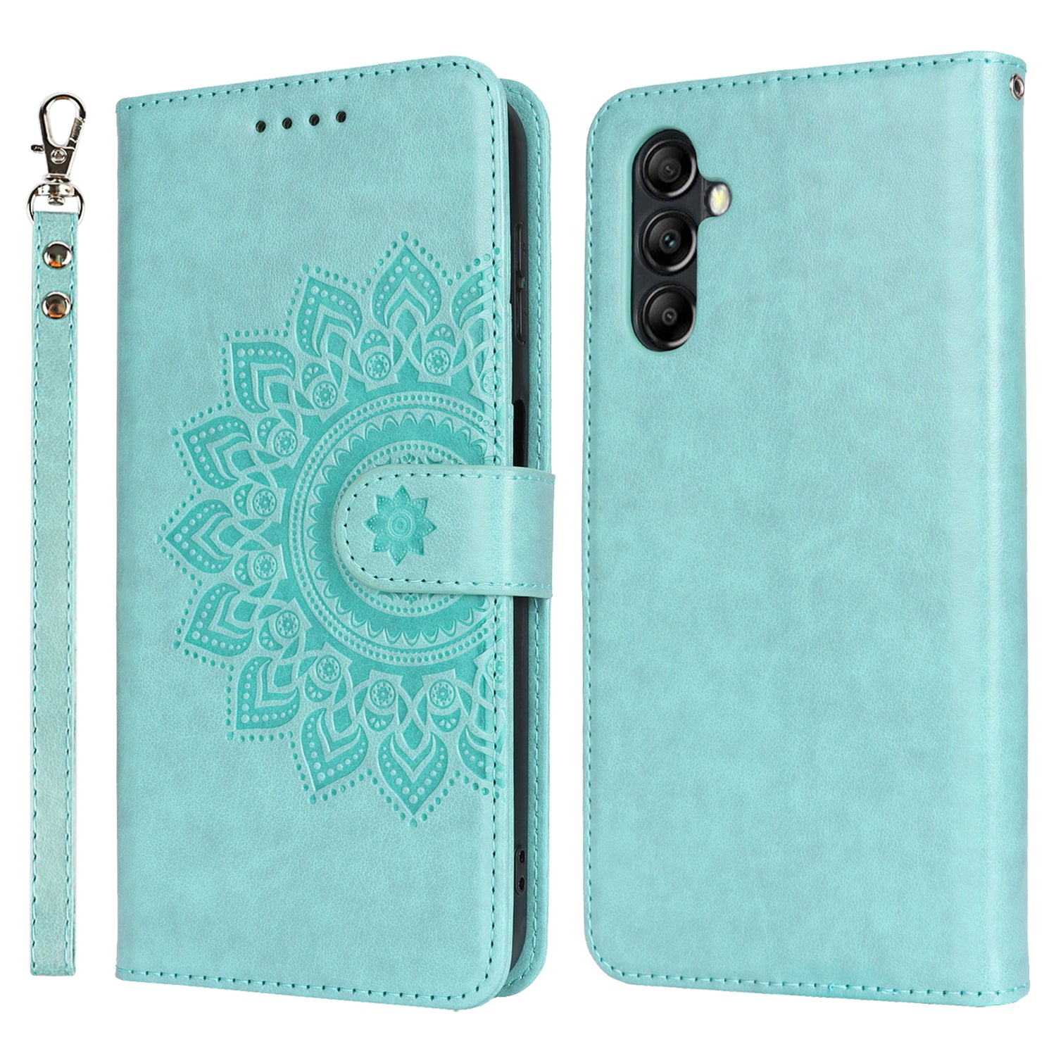 For Samsung Galaxy A34 5G Cell Phone Case R61 Texture Leather Stand Cover with Wrist Strap - Light Green