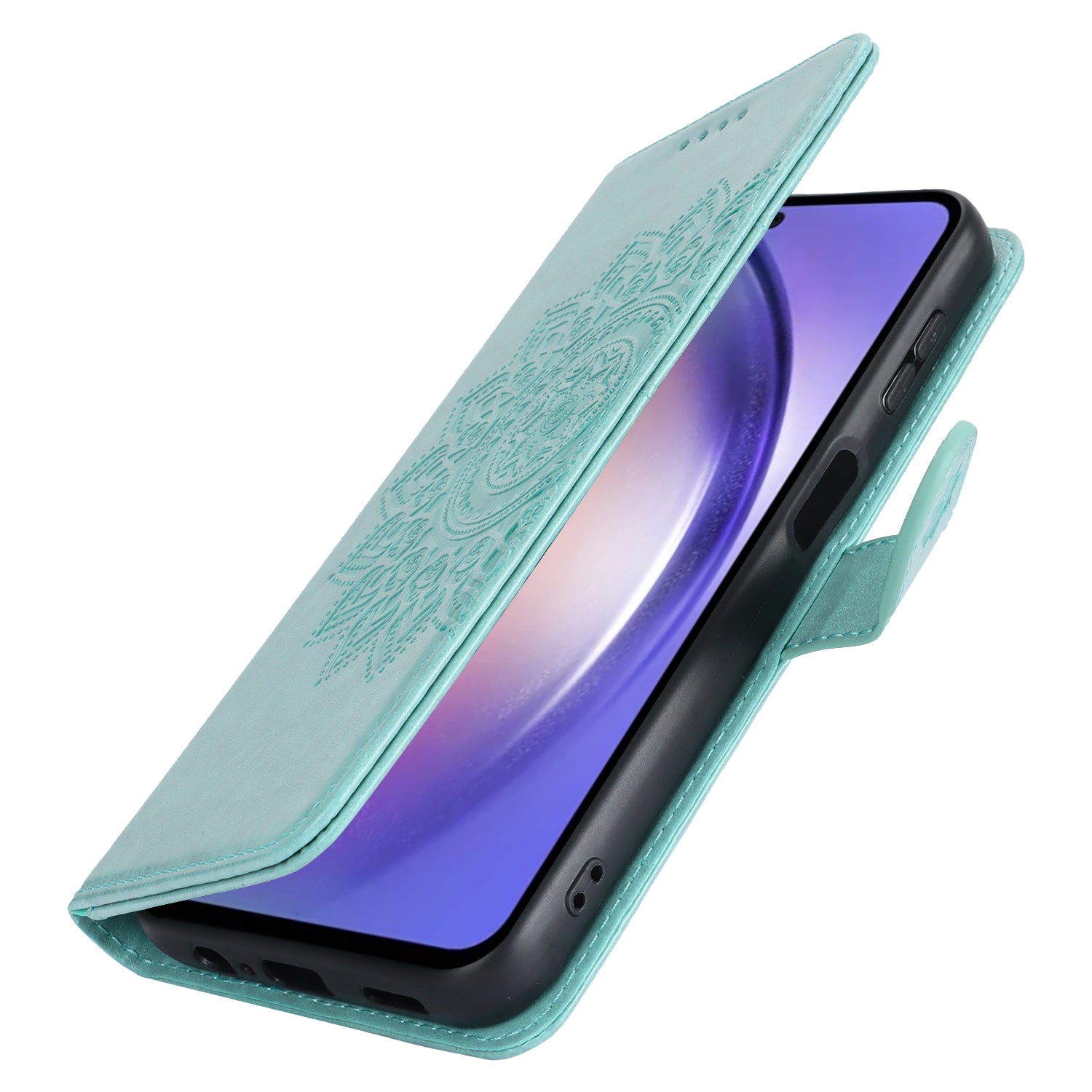 For Samsung Galaxy A34 5G Cell Phone Case R61 Texture Leather Stand Cover with Wrist Strap - Light Green