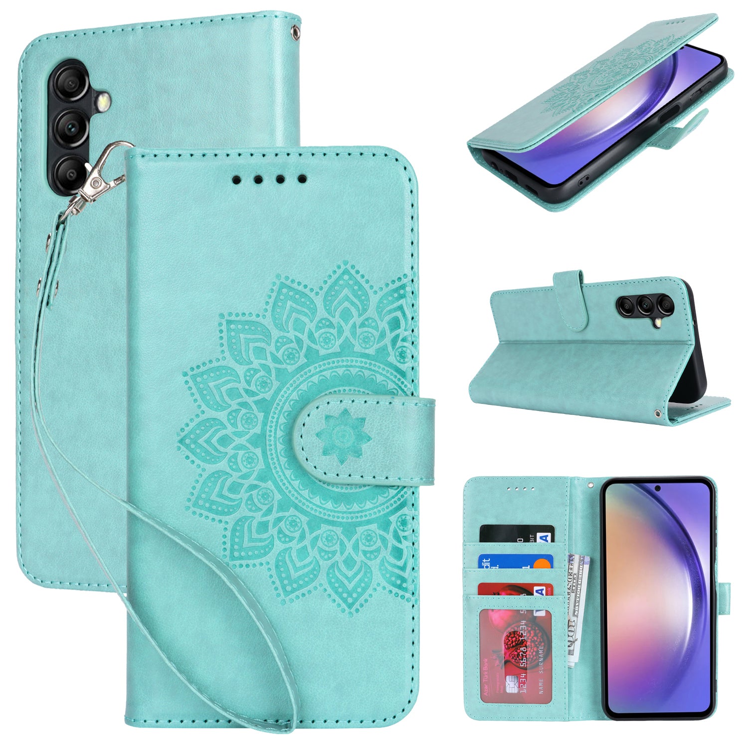 For Samsung Galaxy A34 5G Cell Phone Case R61 Texture Leather Stand Cover with Wrist Strap - Light Green