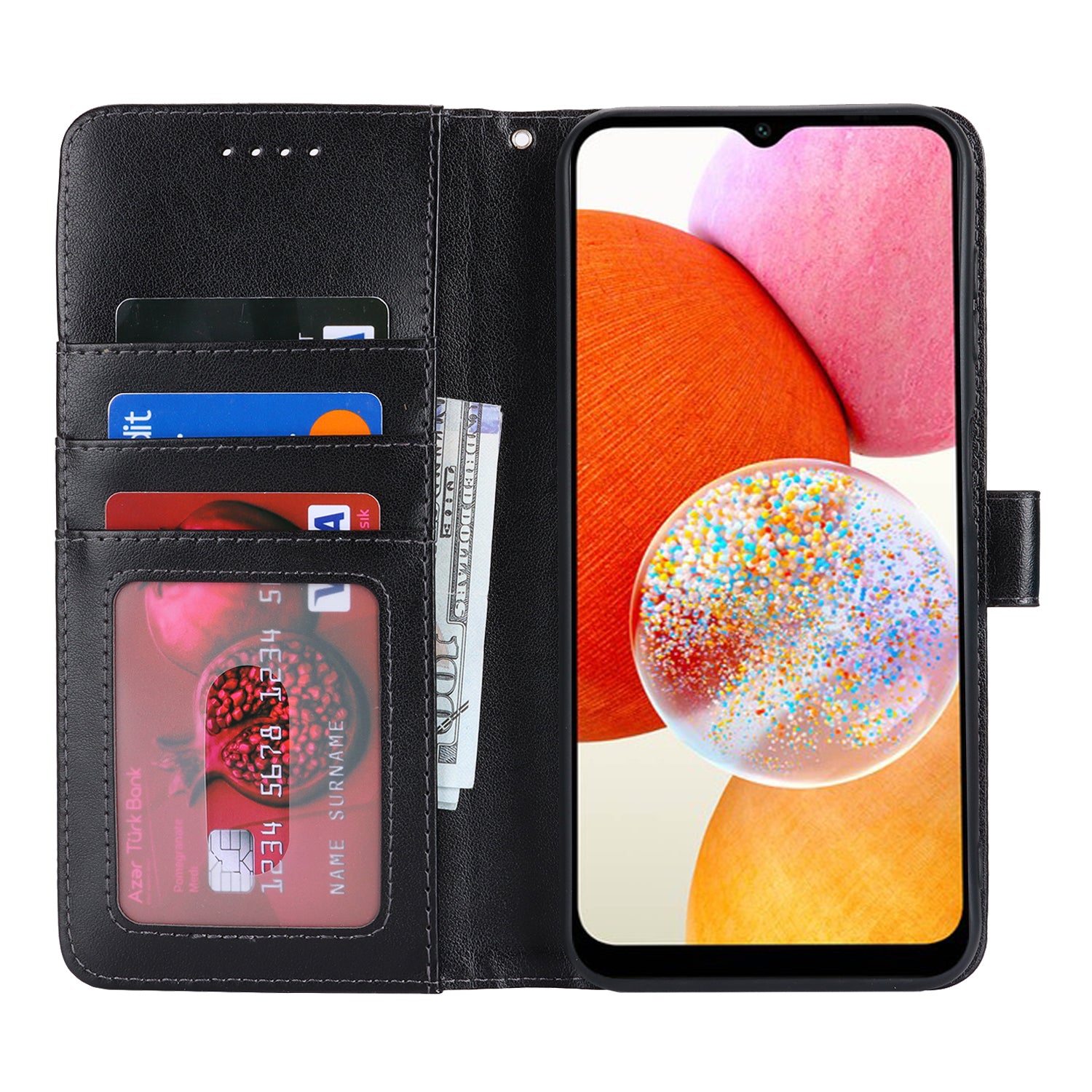 For Samsung Galaxy A14 5G / 4G Magnetic Phone Case Imprinted R61 Texture Card Holder Protective Cover - Black