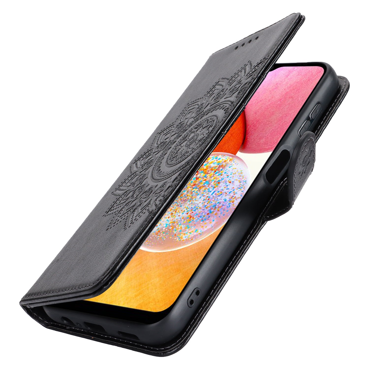 For Samsung Galaxy A14 5G / 4G Magnetic Phone Case Imprinted R61 Texture Card Holder Protective Cover - Black