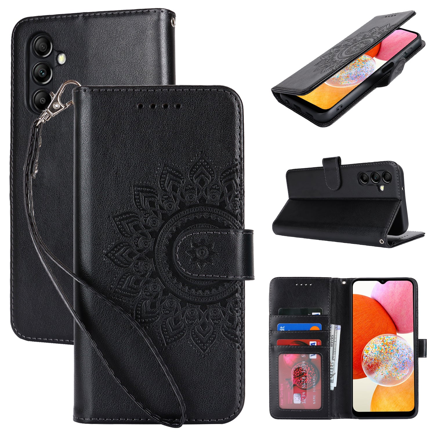 For Samsung Galaxy A14 5G / 4G Magnetic Phone Case Imprinted R61 Texture Card Holder Protective Cover - Black