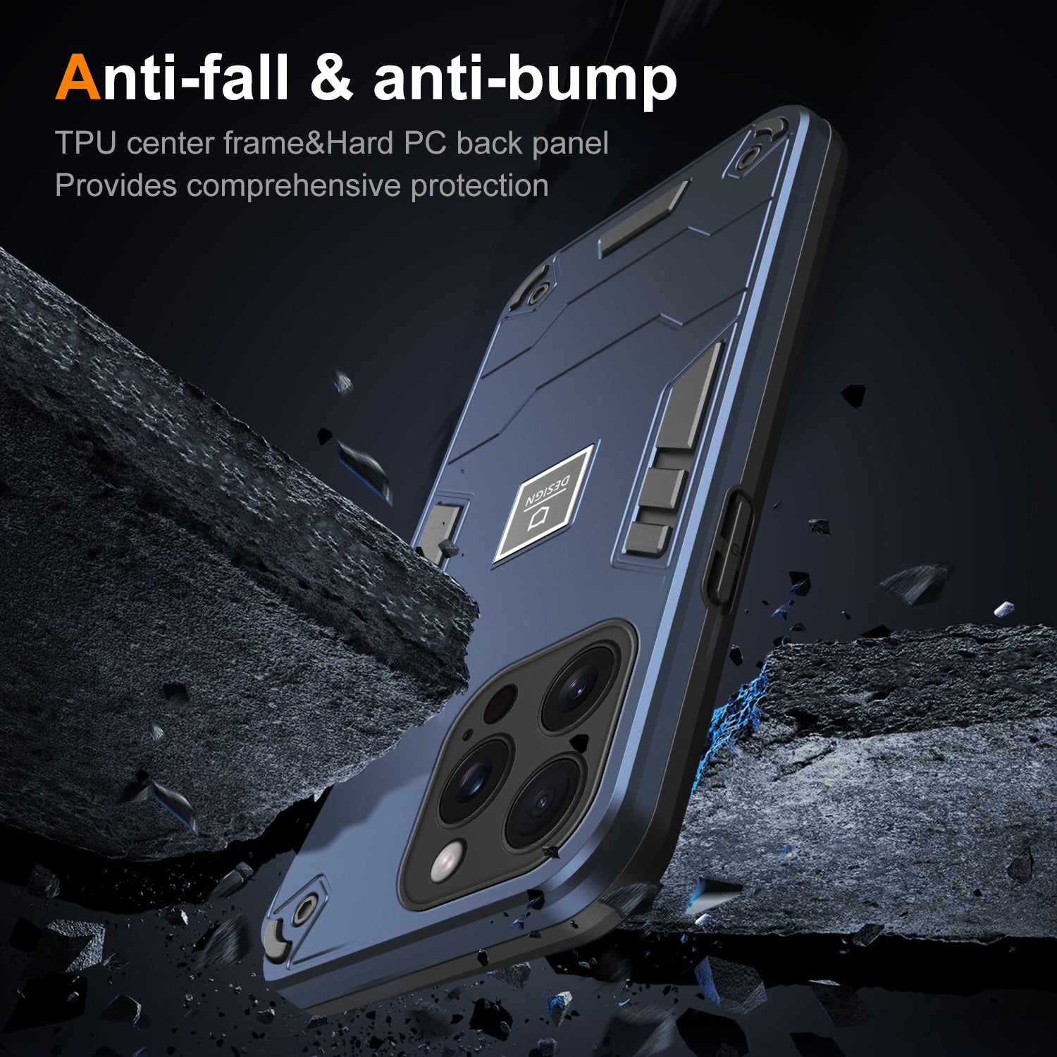For iPhone 15 Pro Max Phone Case Dual Layer Hard PC + Soft TPU Protective Cover - Navy Blue