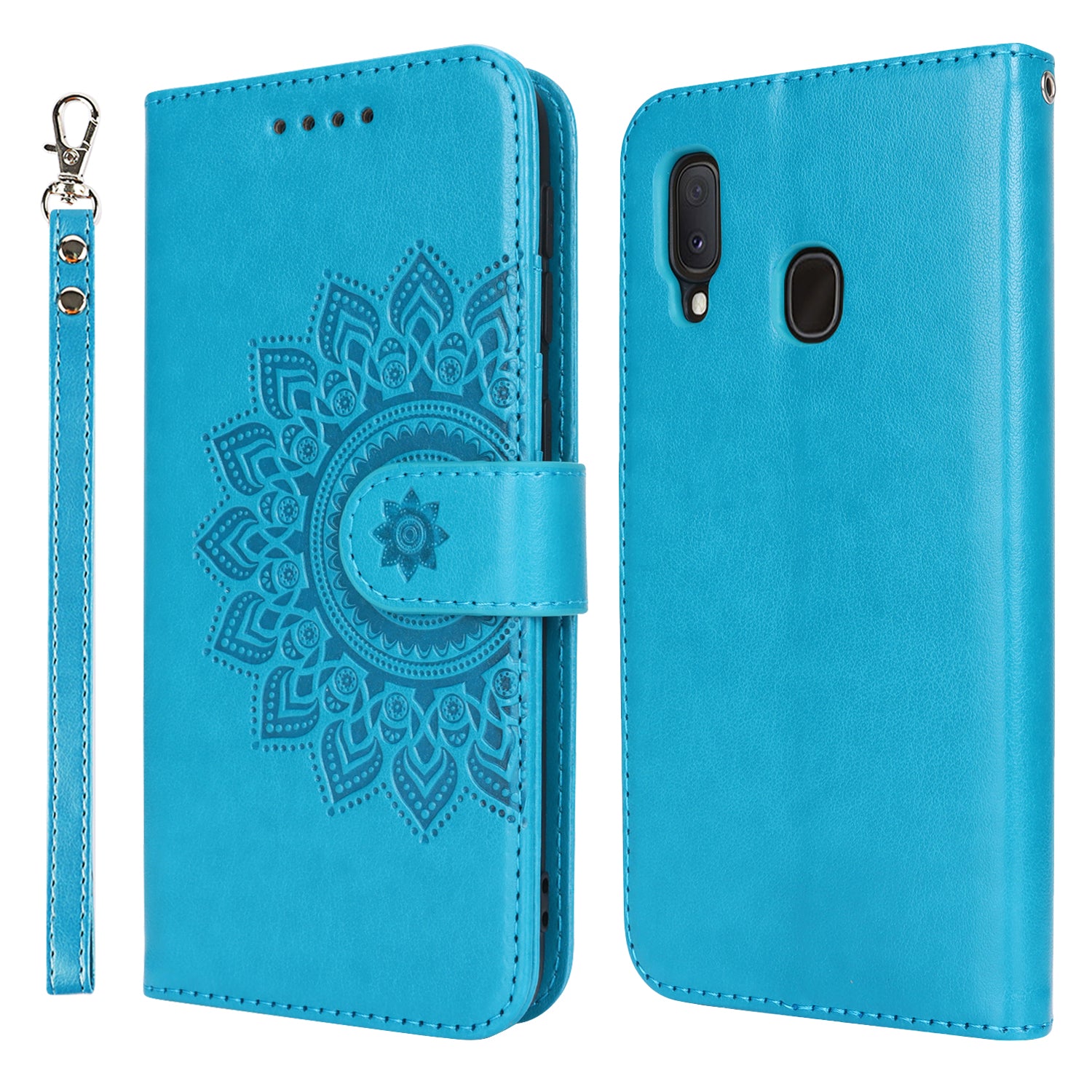 For Samsung Galaxy A20e Case Flower Imprinted R61 Texture Phone Wallet Cover - Blue