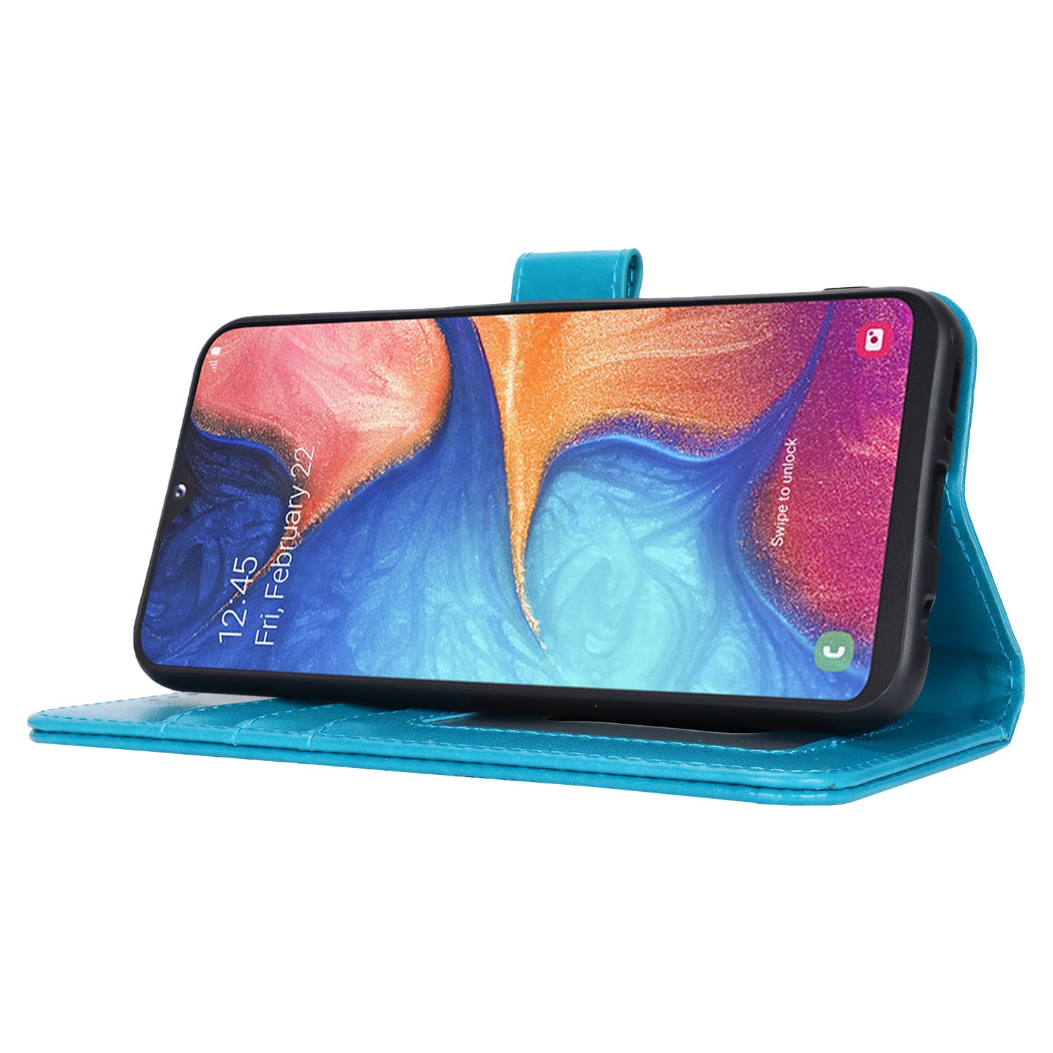 For Samsung Galaxy A20e Case Flower Imprinted R61 Texture Phone Wallet Cover - Blue