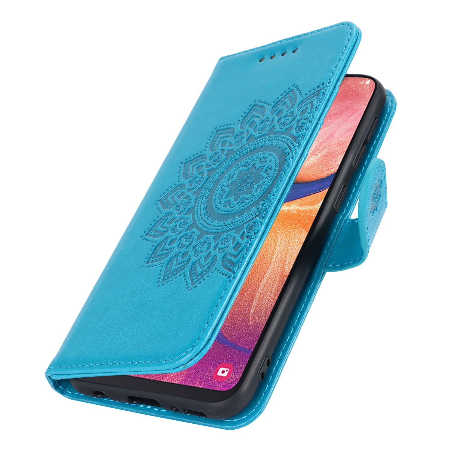 For Samsung Galaxy A20e Case Flower Imprinted R61 Texture Phone Wallet Cover - Blue