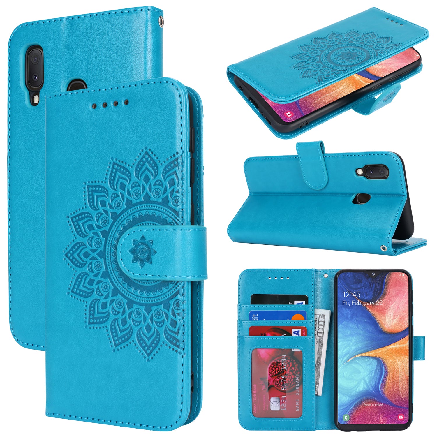 For Samsung Galaxy A20e Case Flower Imprinted R61 Texture Phone Wallet Cover - Blue