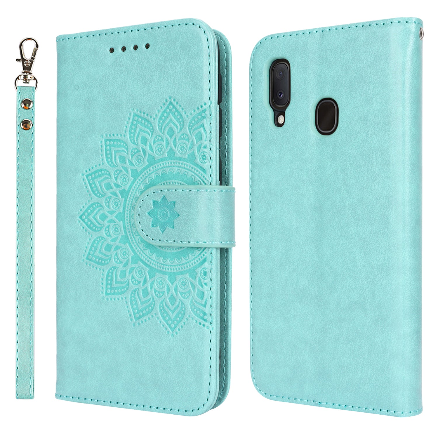 For Samsung Galaxy A20e Case Flower Imprinted R61 Texture Phone Wallet Cover - Blue