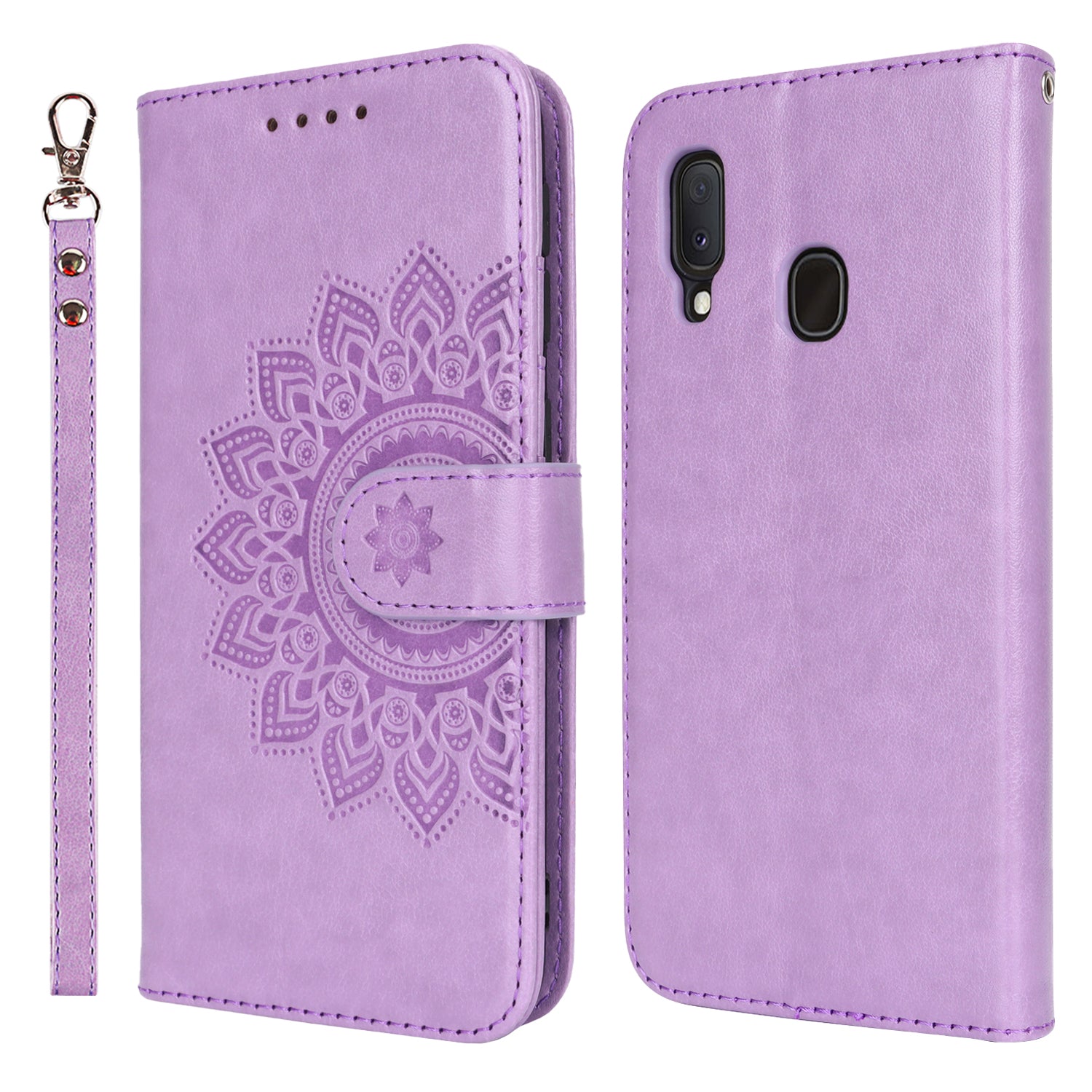 For Samsung Galaxy A20e Case Flower Imprinted R61 Texture Phone Wallet Cover - Blue