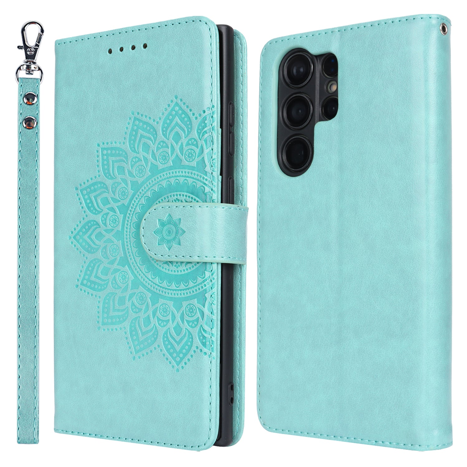For Samsung Galaxy S23 Ultra Case R61 Texture PU Leather+TPU Phone Protector with Hand Strap - Light Green