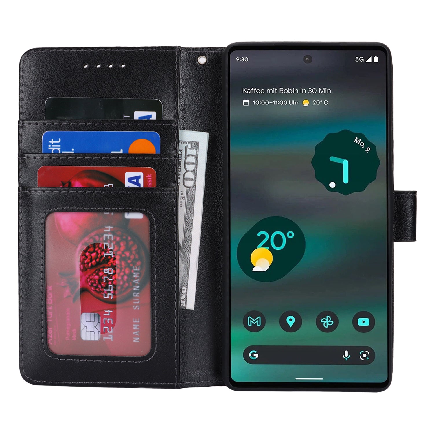 For Google Pixel 6a Case R61 Texture PU Leather Phone Wallet Cover with Print Design - Black