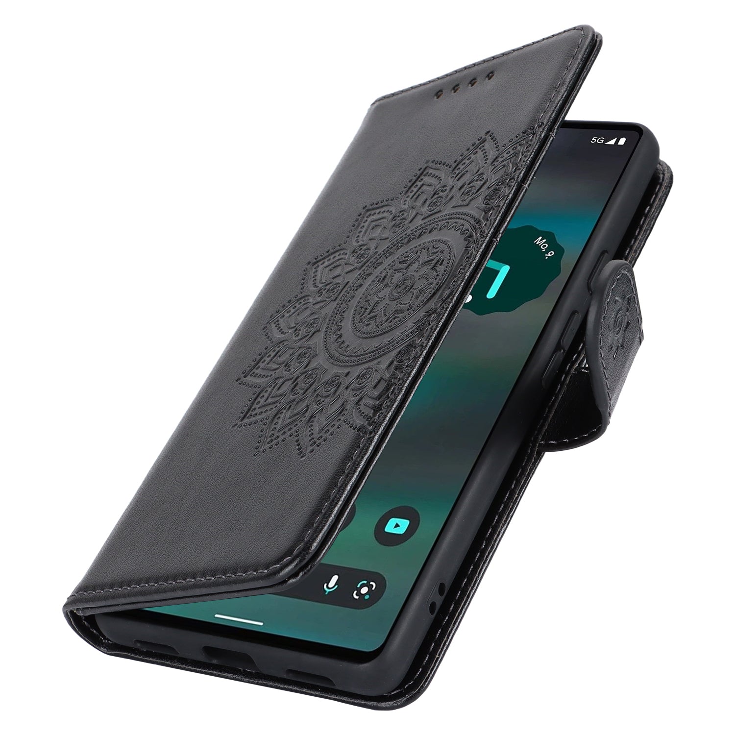 For Google Pixel 6a Case R61 Texture PU Leather Phone Wallet Cover with Print Design - Black
