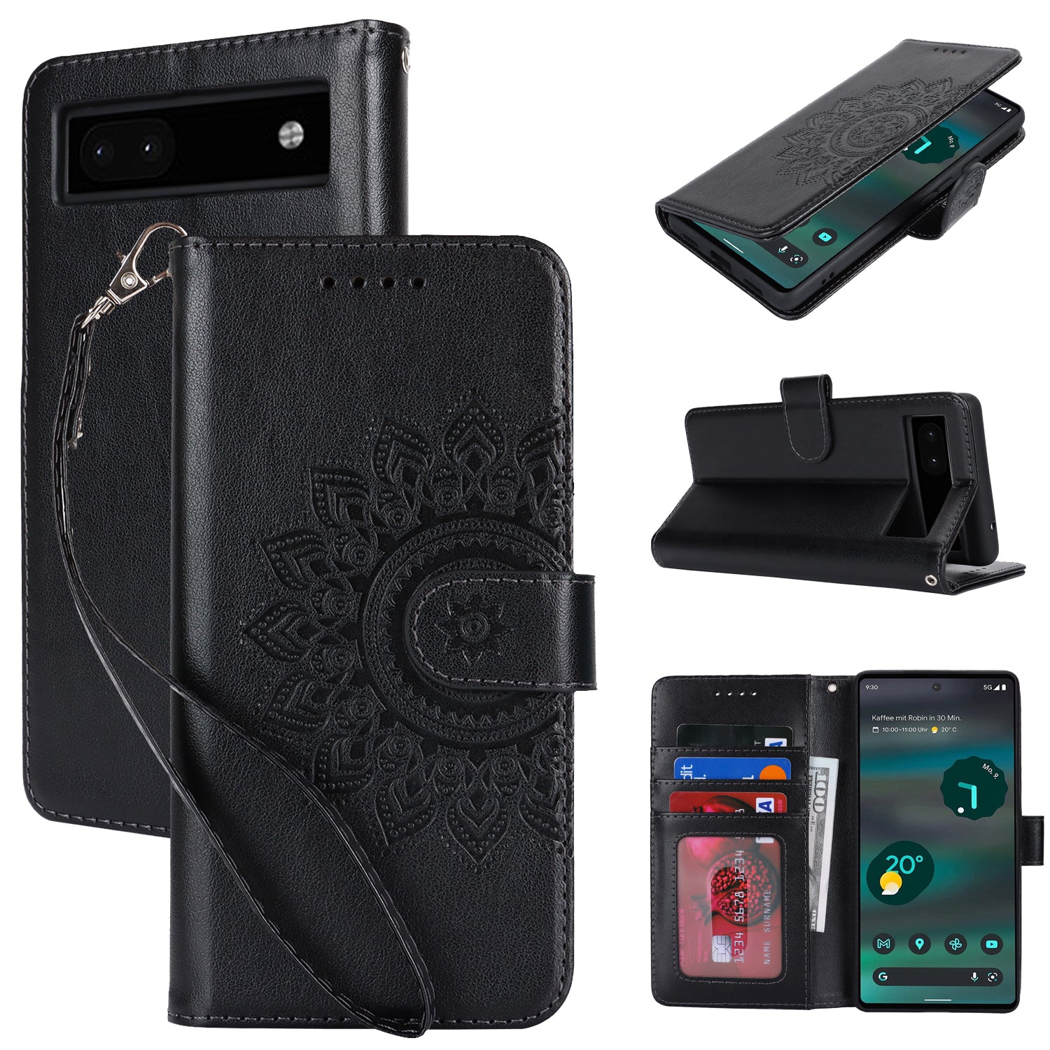 For Google Pixel 6a Case R61 Texture PU Leather Phone Wallet Cover with Print Design - Black