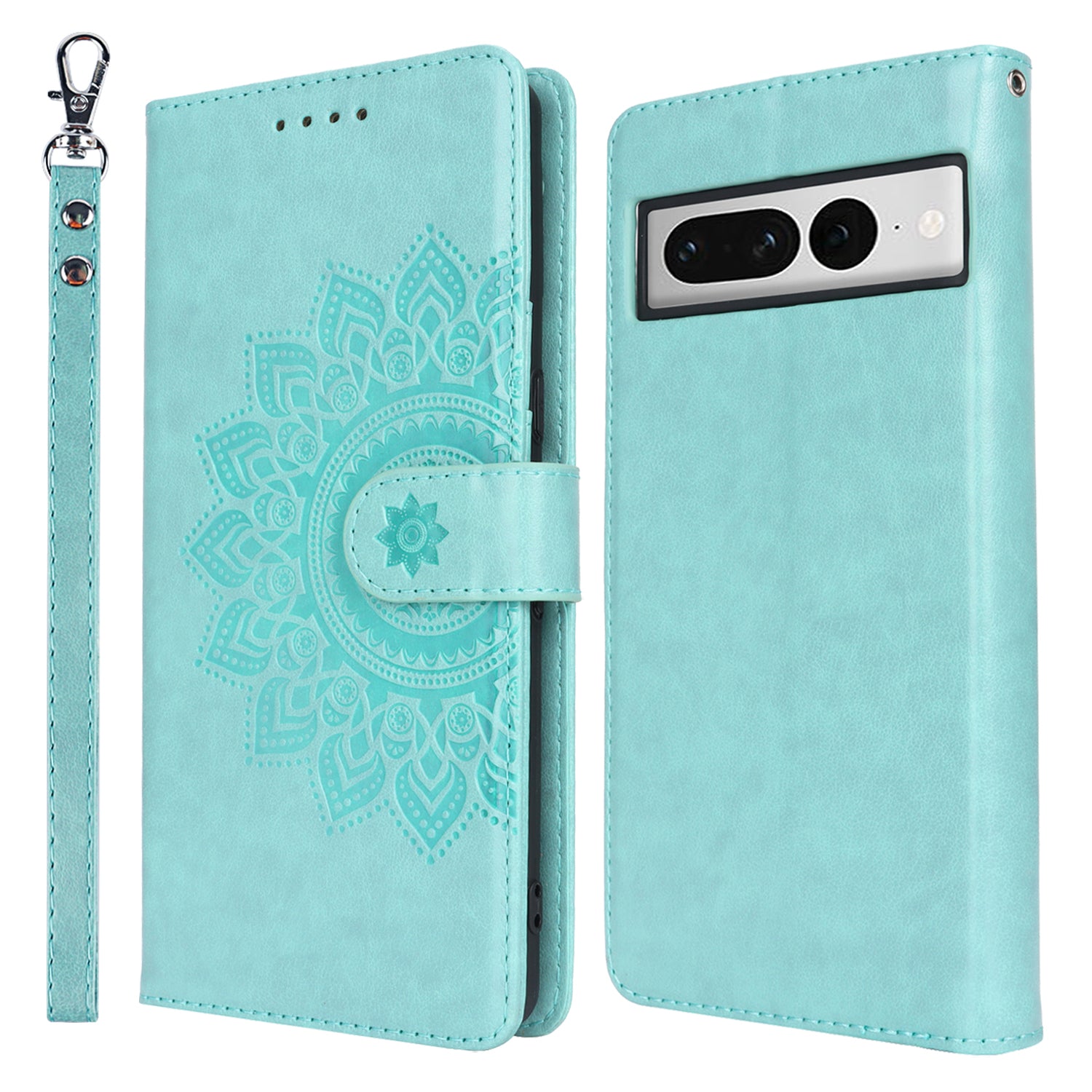 For Google Pixel 7 Pro 5G Leather Cover Shockproof R61 Texture Stand Wallet Case with Hand Strap - Light Green