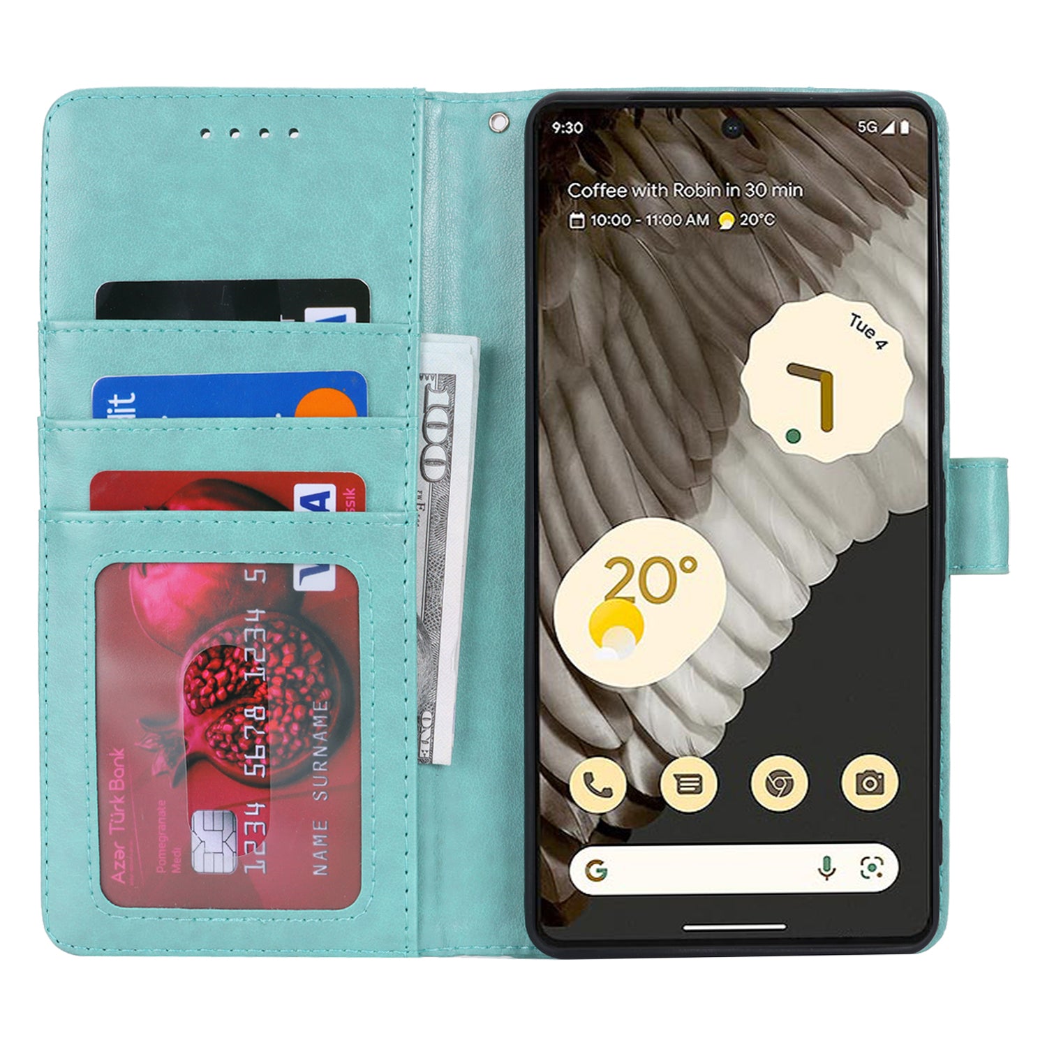 For Google Pixel 7 Pro 5G Leather Cover Shockproof R61 Texture Stand Wallet Case with Hand Strap - Light Green