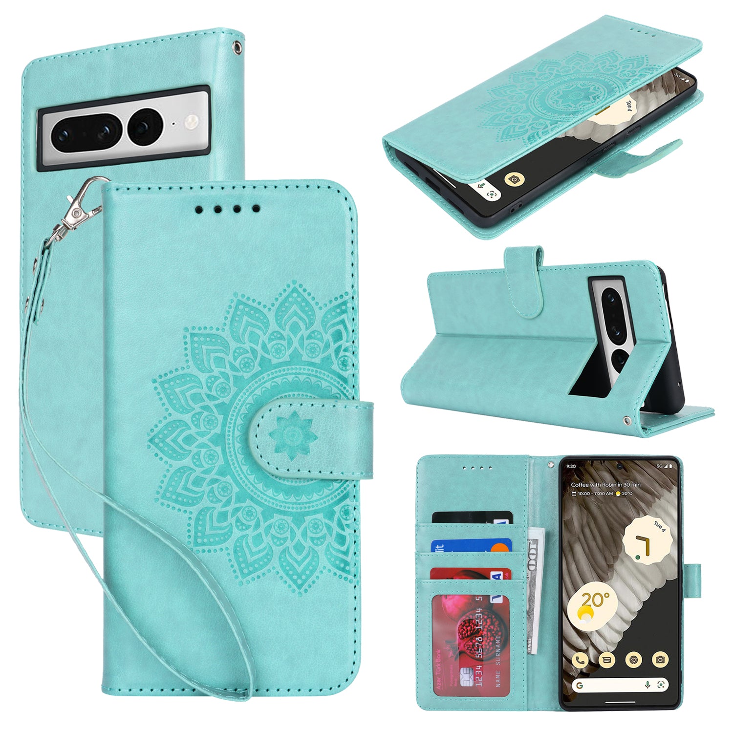 For Google Pixel 7 Pro 5G Leather Cover Shockproof R61 Texture Stand Wallet Case with Hand Strap - Light Green