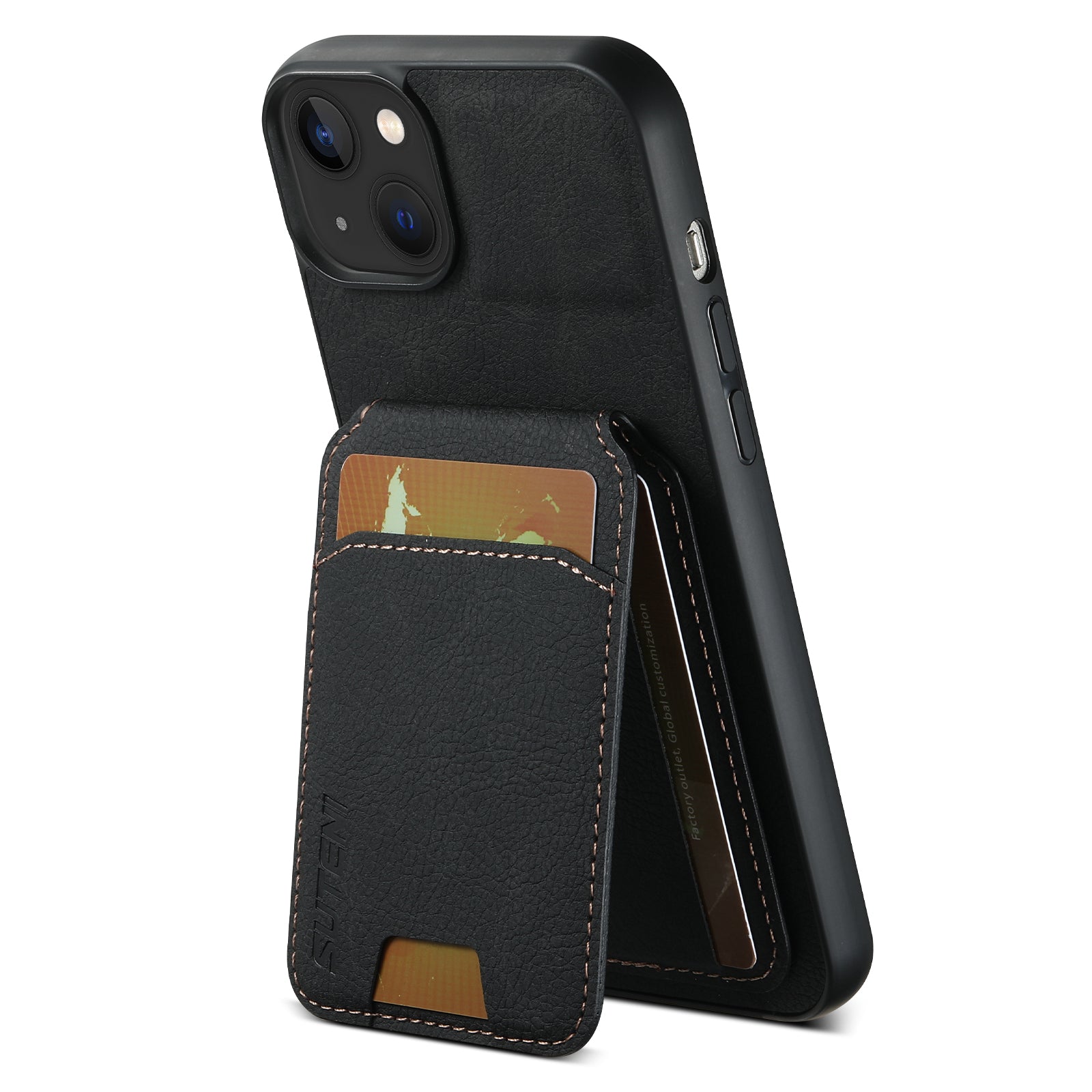 SUTENI H02 For iPhone 14 Case Litchi Texture PU Leather Card Slots Phone Protector - Black
