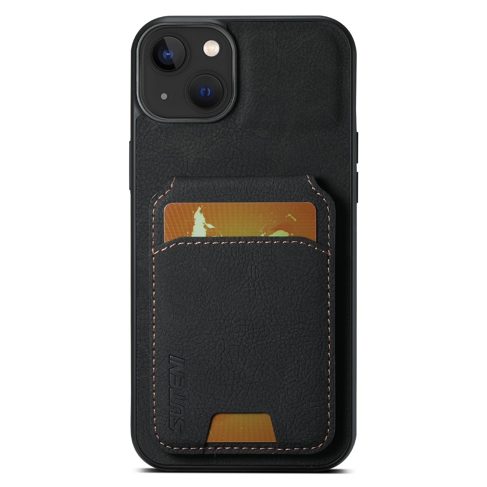 SUTENI H02 For iPhone 14 Case Litchi Texture PU Leather Card Slots Phone Protector - Black