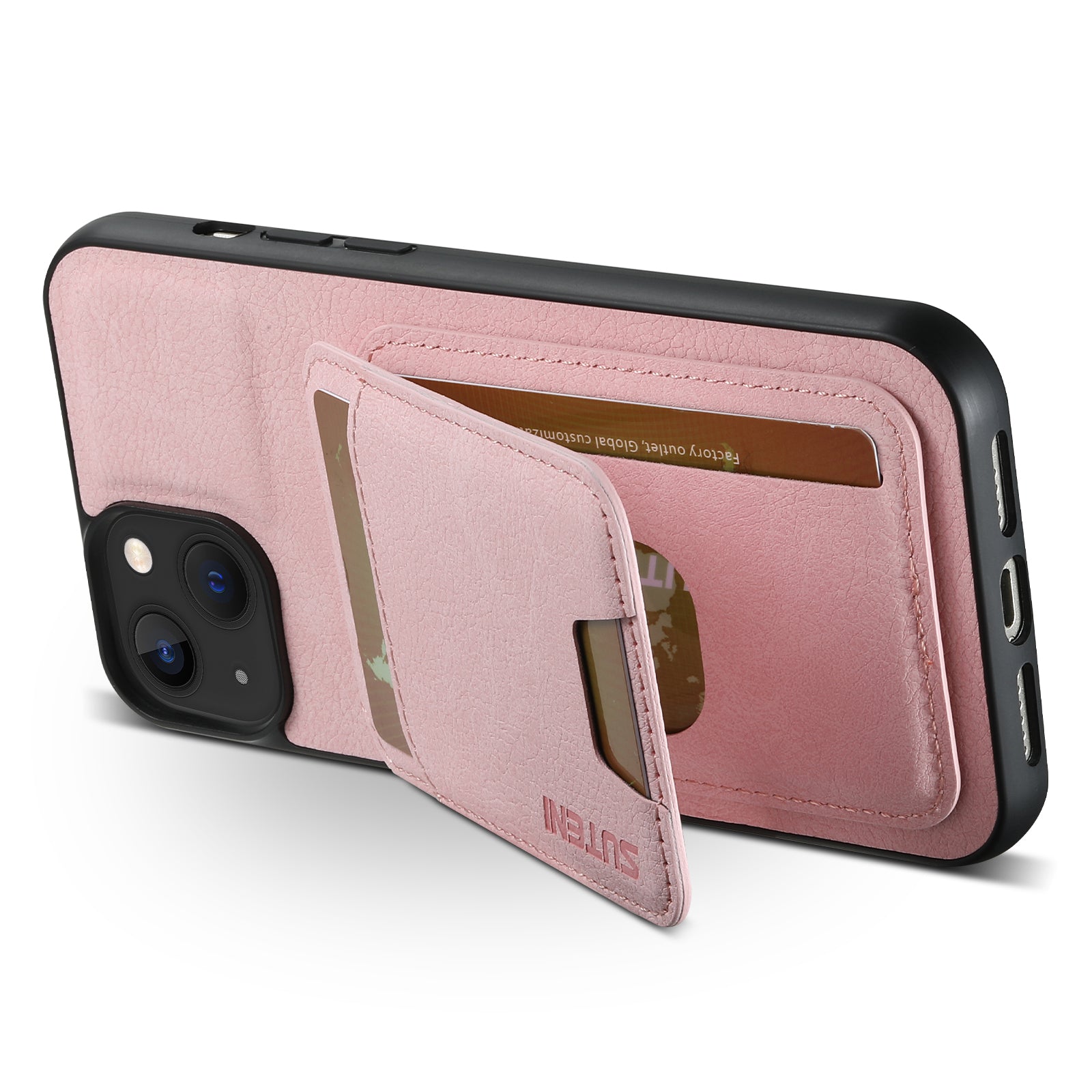 SUTENI H02 For iPhone 13 6.1 inch Case Litchi Texture Vertical Flip Kickstand Phone Cover - Pink