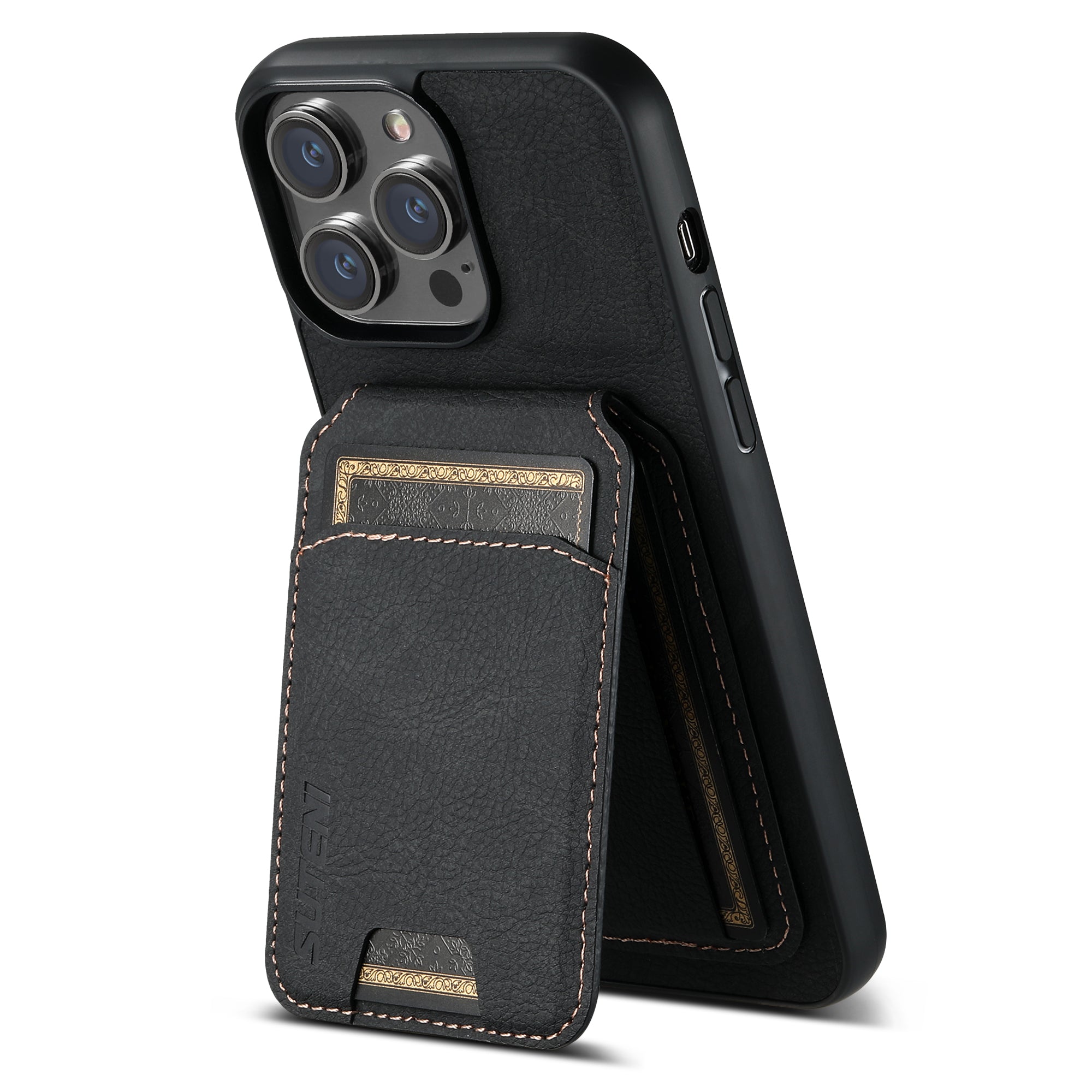 SUTENI H02 For iPhone 14 Pro Max Case PU Leather Litchi Texture Phone Shell with Card Slots - Black