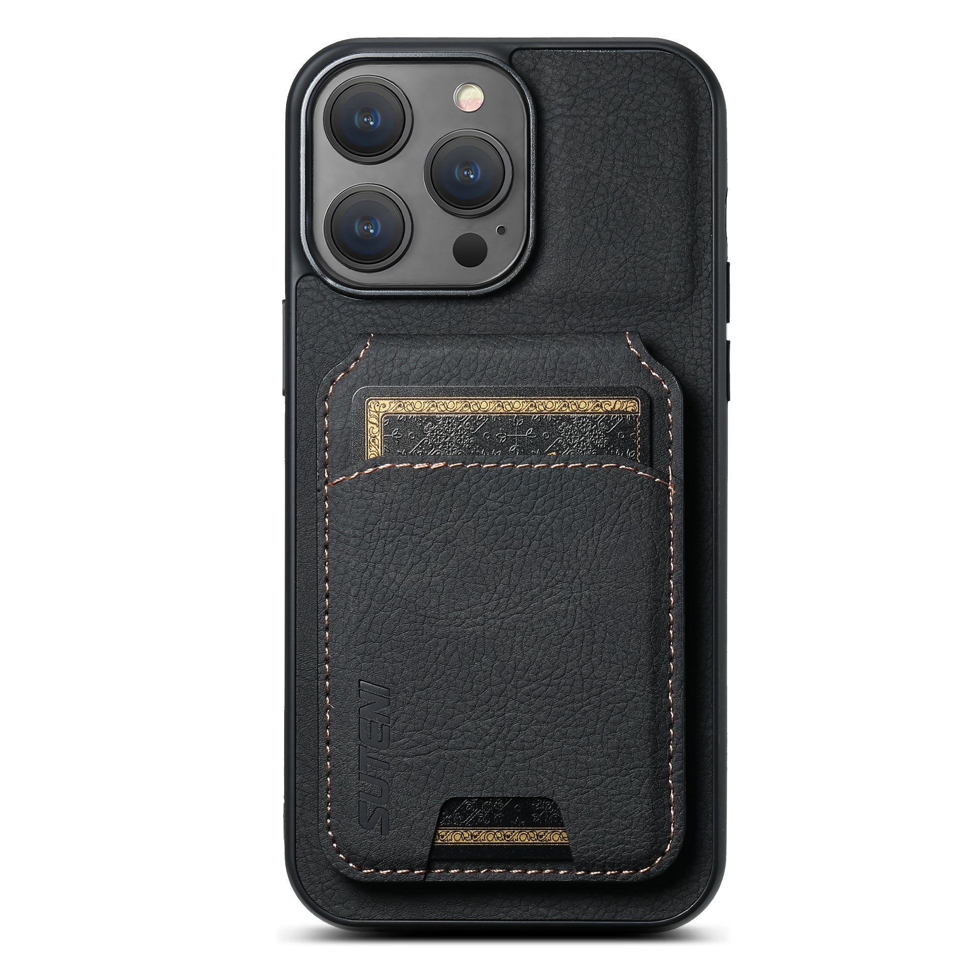 SUTENI H02 For iPhone 14 Pro Max Case PU Leather Litchi Texture Phone Shell with Card Slots - Black