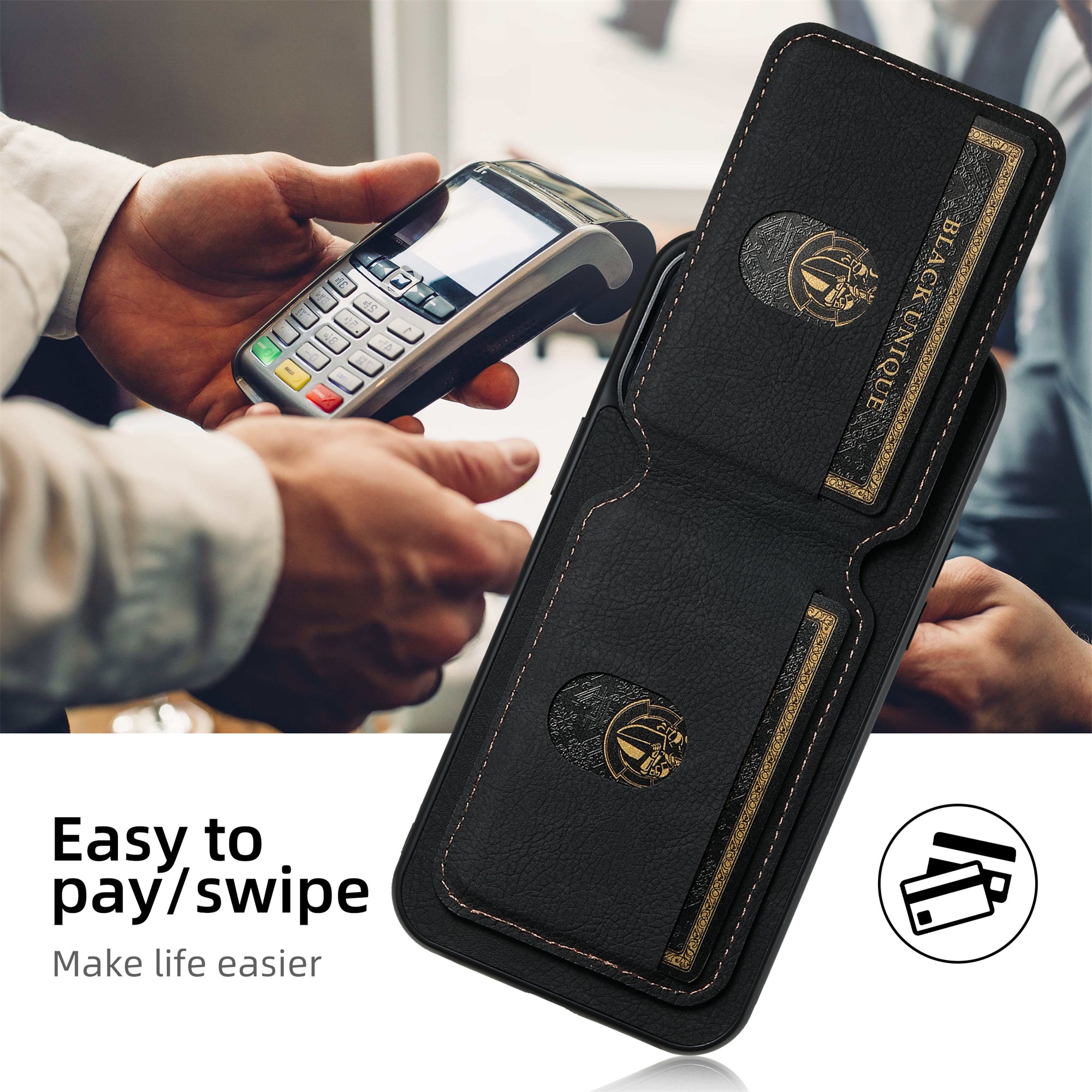 SUTENI H02 For iPhone 14 Pro Max Case PU Leather Litchi Texture Phone Shell with Card Slots - Black