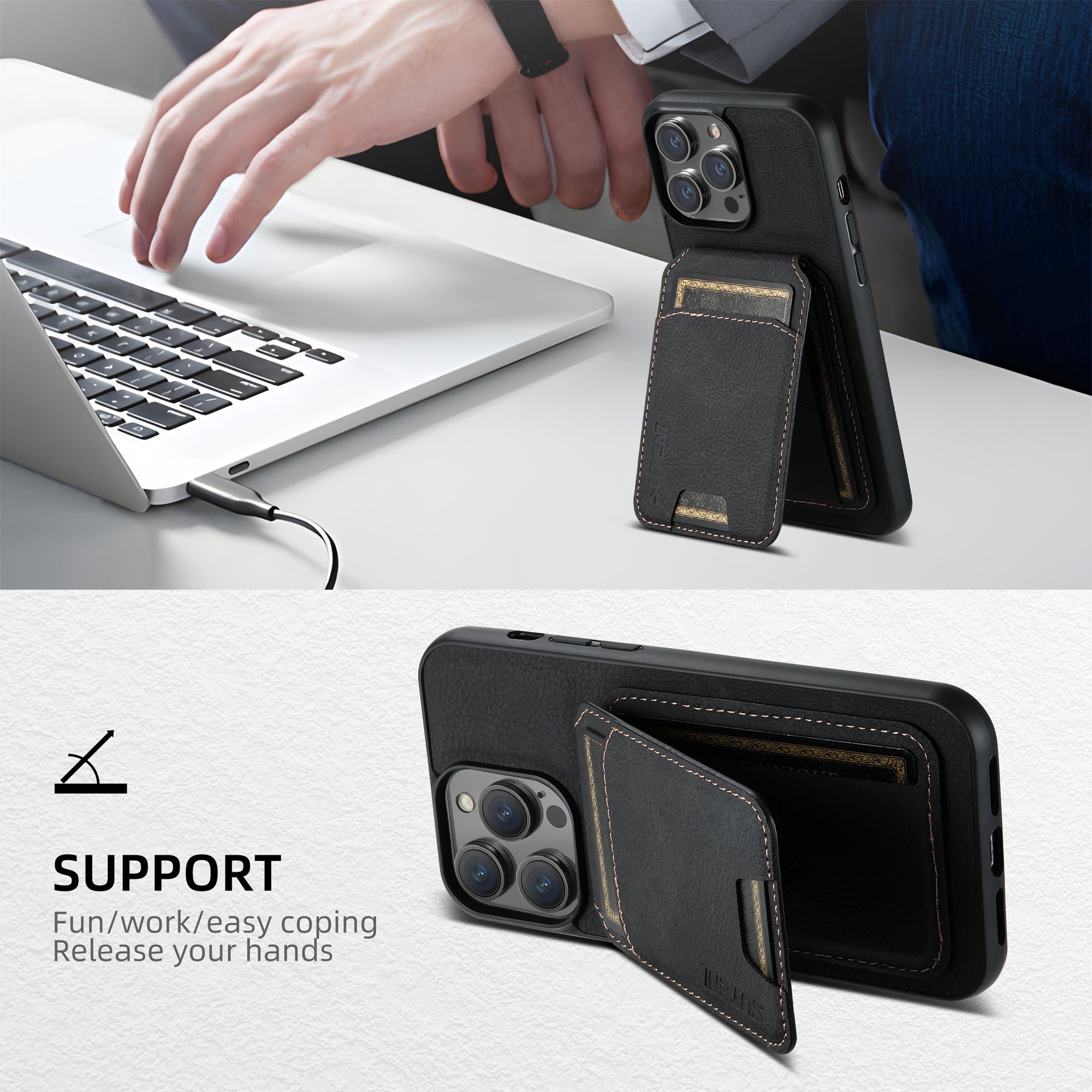 SUTENI H02 For iPhone 14 Pro Max Case PU Leather Litchi Texture Phone Shell with Card Slots - Black