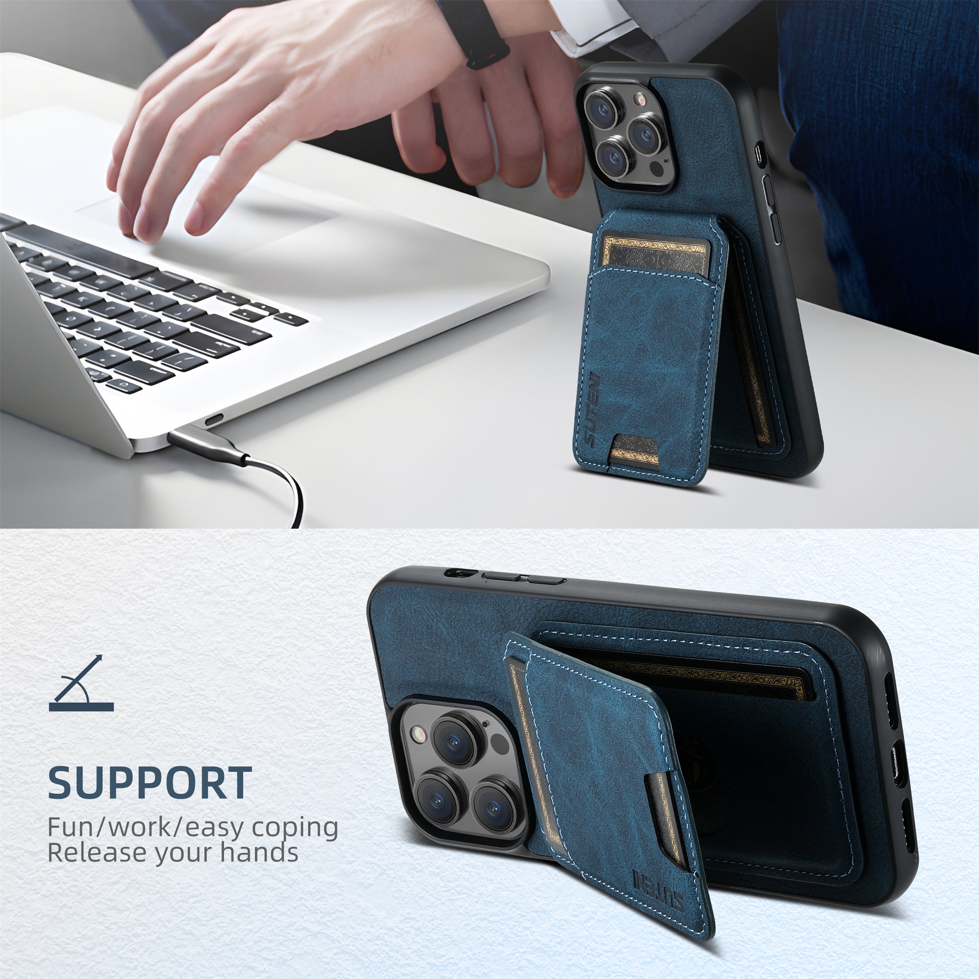SUTENI H02 For iPhone 12 Pro Max 6.7 inch Case Vertical Flip PU Leather+TPU Anti-dust Protective Cover - Blue