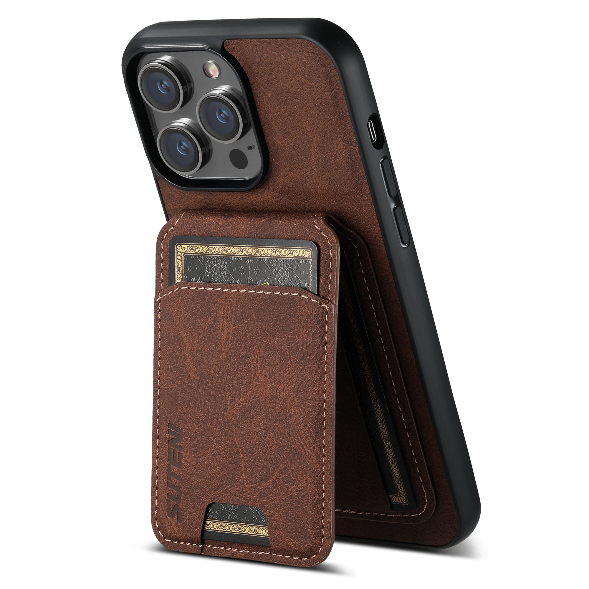 SUTENI H02 For iPhone 14 Pro Case Vertical Flip Litchi Texture Kickstand Phone Back Protector - Brown