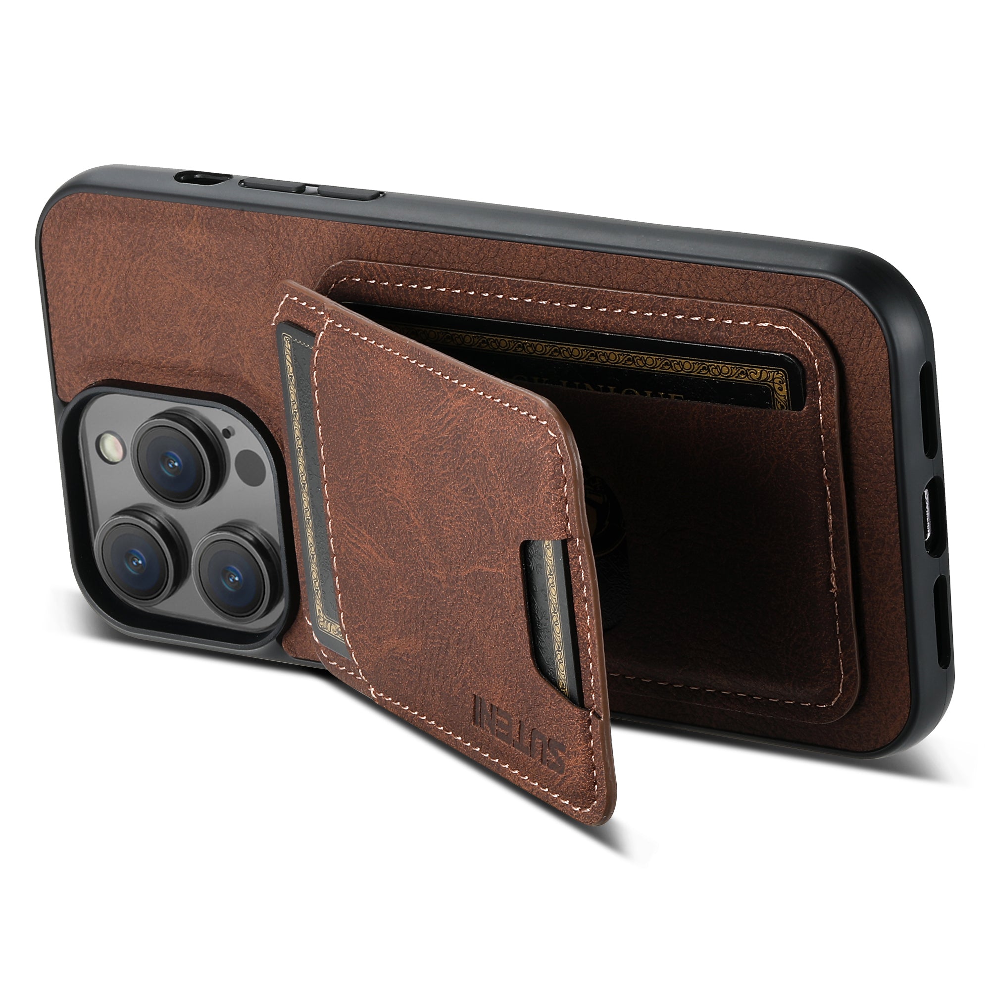 SUTENI H02 For iPhone 14 Pro Case Vertical Flip Litchi Texture Kickstand Phone Back Protector - Brown