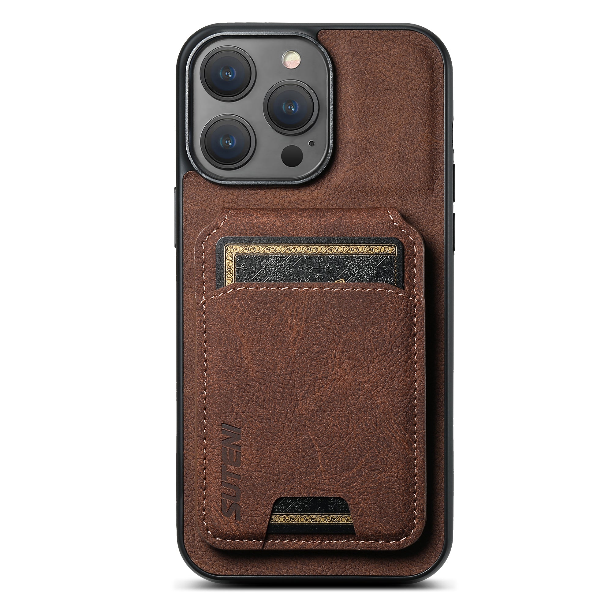 SUTENI H02 For iPhone 14 Pro Case Vertical Flip Litchi Texture Kickstand Phone Back Protector - Brown