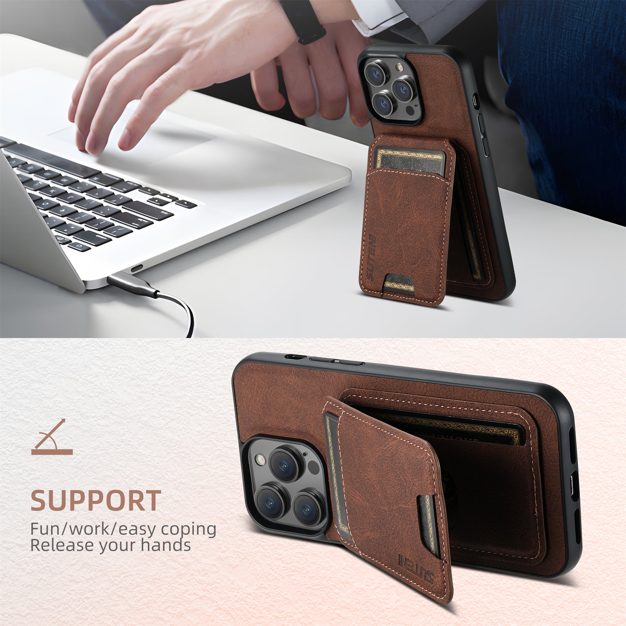 SUTENI H02 For iPhone 14 Pro Case Vertical Flip Litchi Texture Kickstand Phone Back Protector - Brown