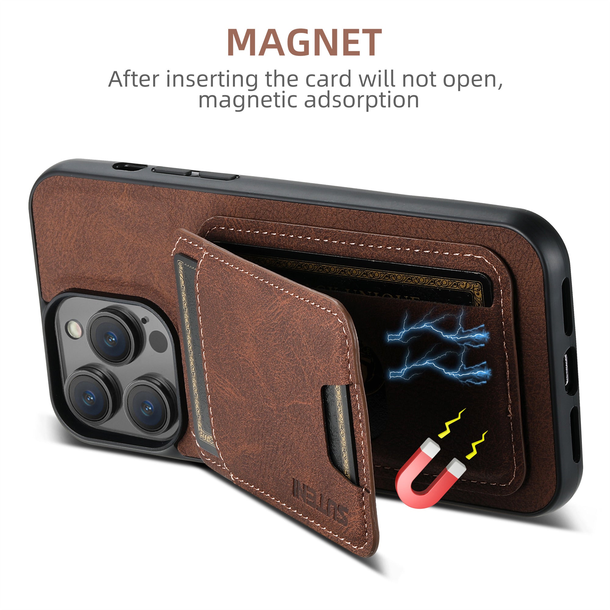 SUTENI H02 For iPhone 14 Pro Case Vertical Flip Litchi Texture Kickstand Phone Back Protector - Brown
