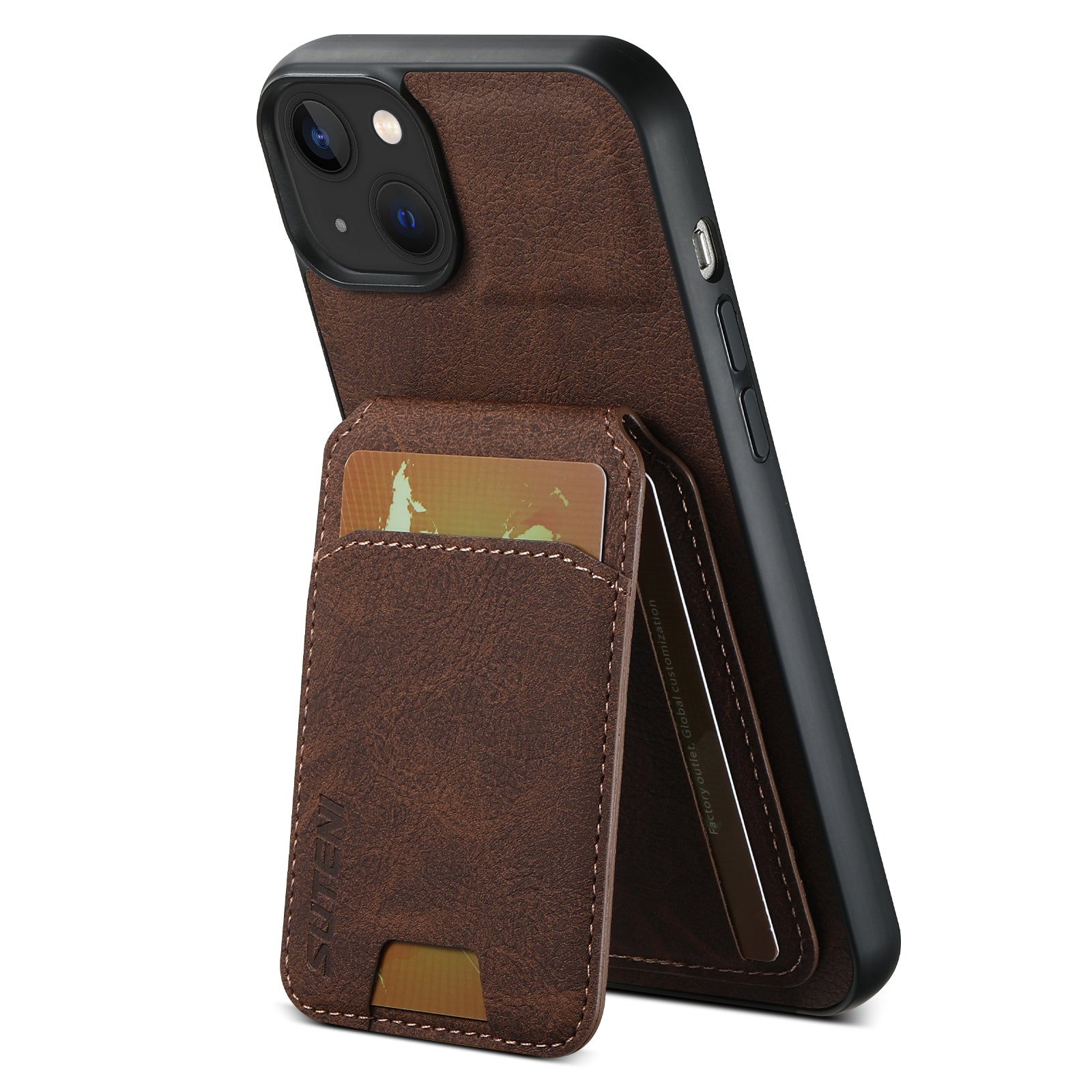 SUTENI H02 For iPhone 15 Case Scratch-resistant PU Leather+TPU Litchi Texture Phone Cover with Kickstand - Brown