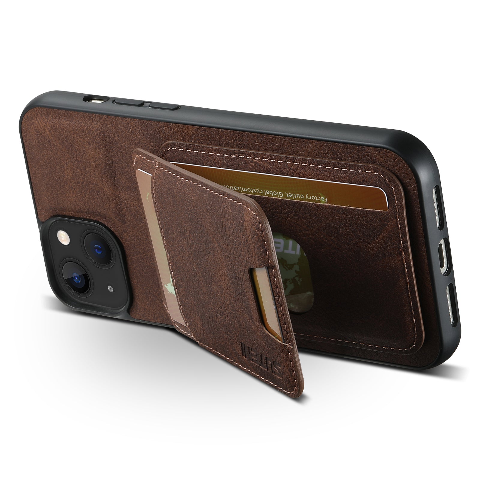 SUTENI H02 For iPhone 15 Case Scratch-resistant PU Leather+TPU Litchi Texture Phone Cover with Kickstand - Brown